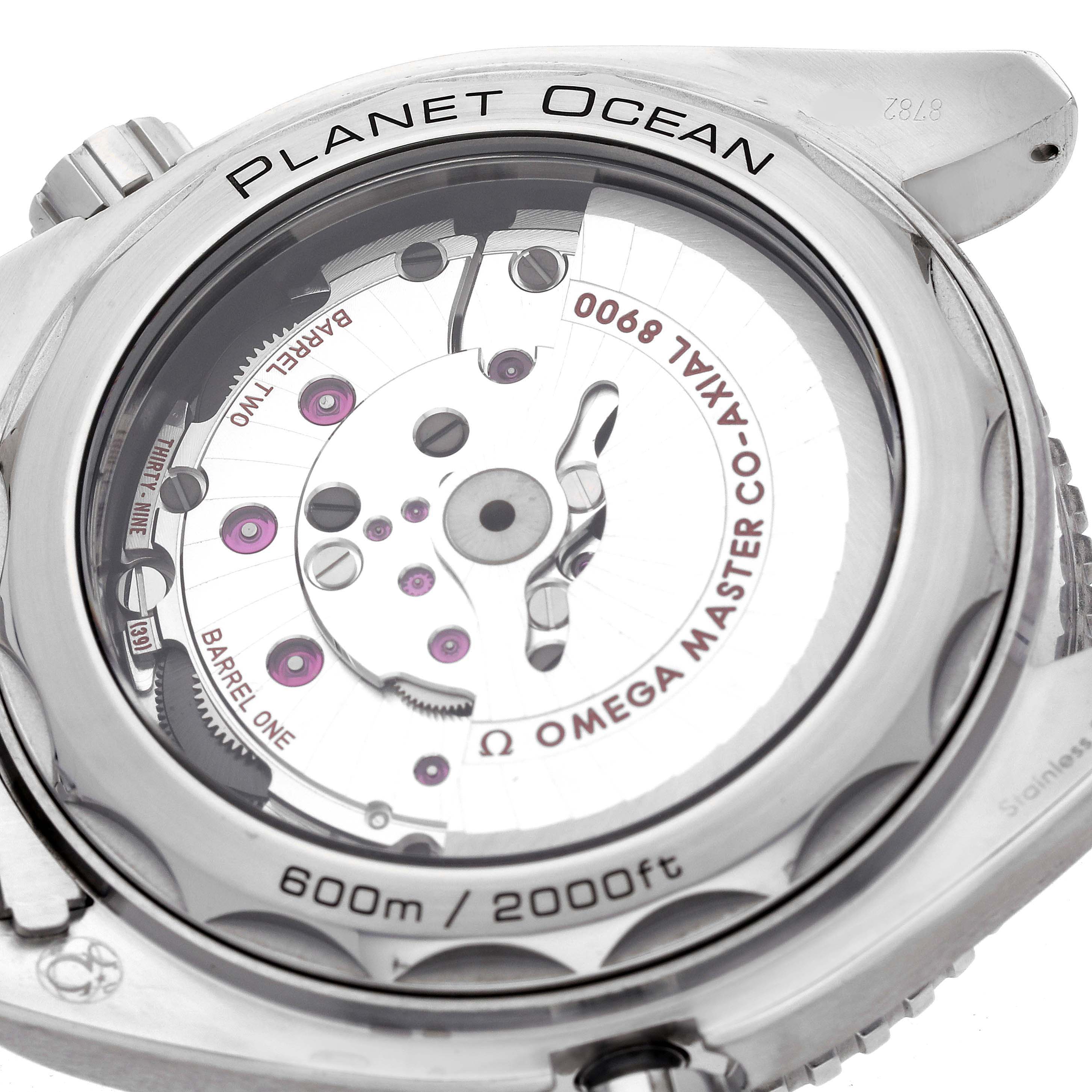 The image shows the back of an Omega Planet Ocean 215.30.44.21.01.001 Men's Stainless Steel Black Dial watch, highlighting the movement and transparent case back.