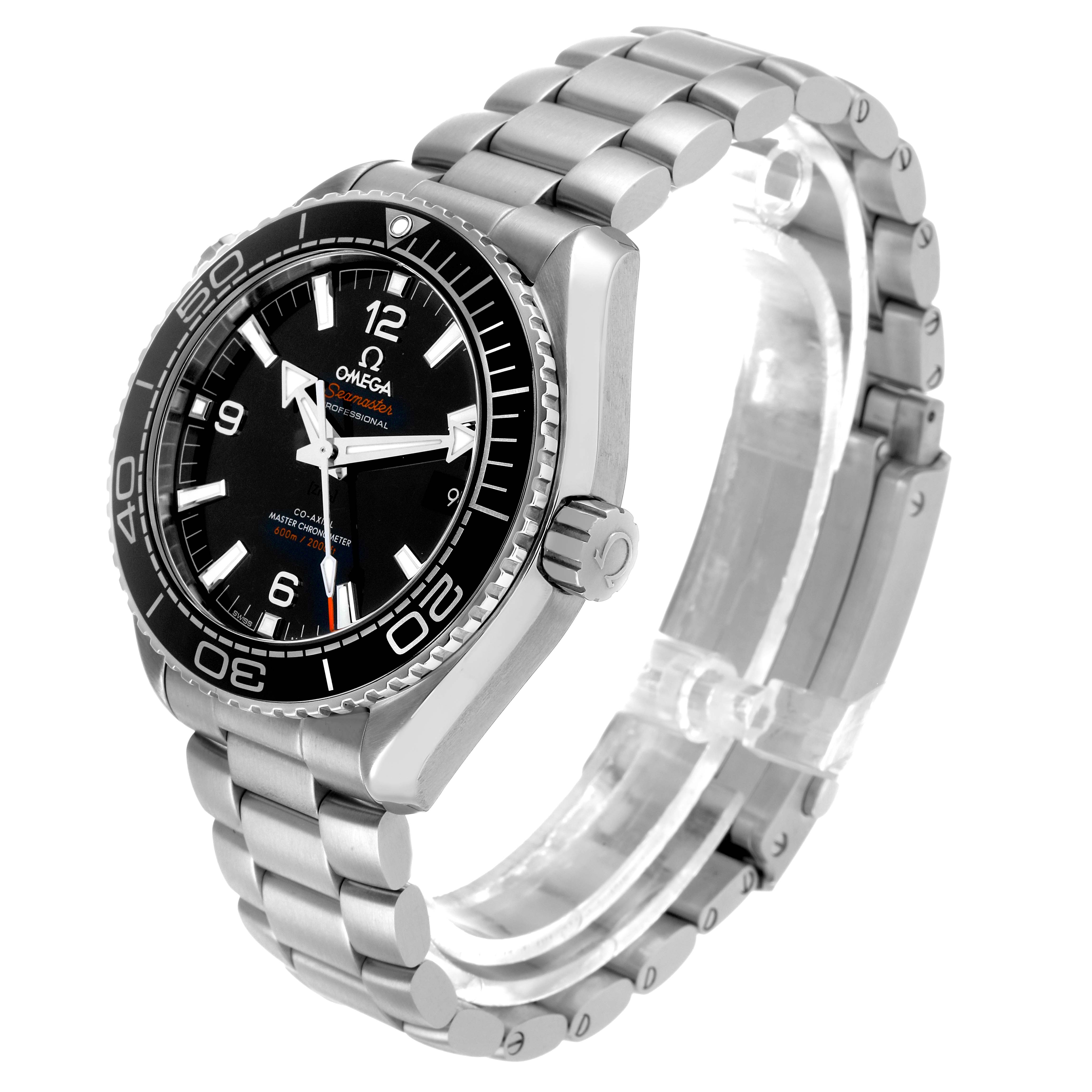 The Omega Planet Ocean 215.30.44.21.01.001 Men's Stainless Steel Black Dial watch is shown at a front-angle, highlighting the face, bezel, crown, and stainless steel bracelet.