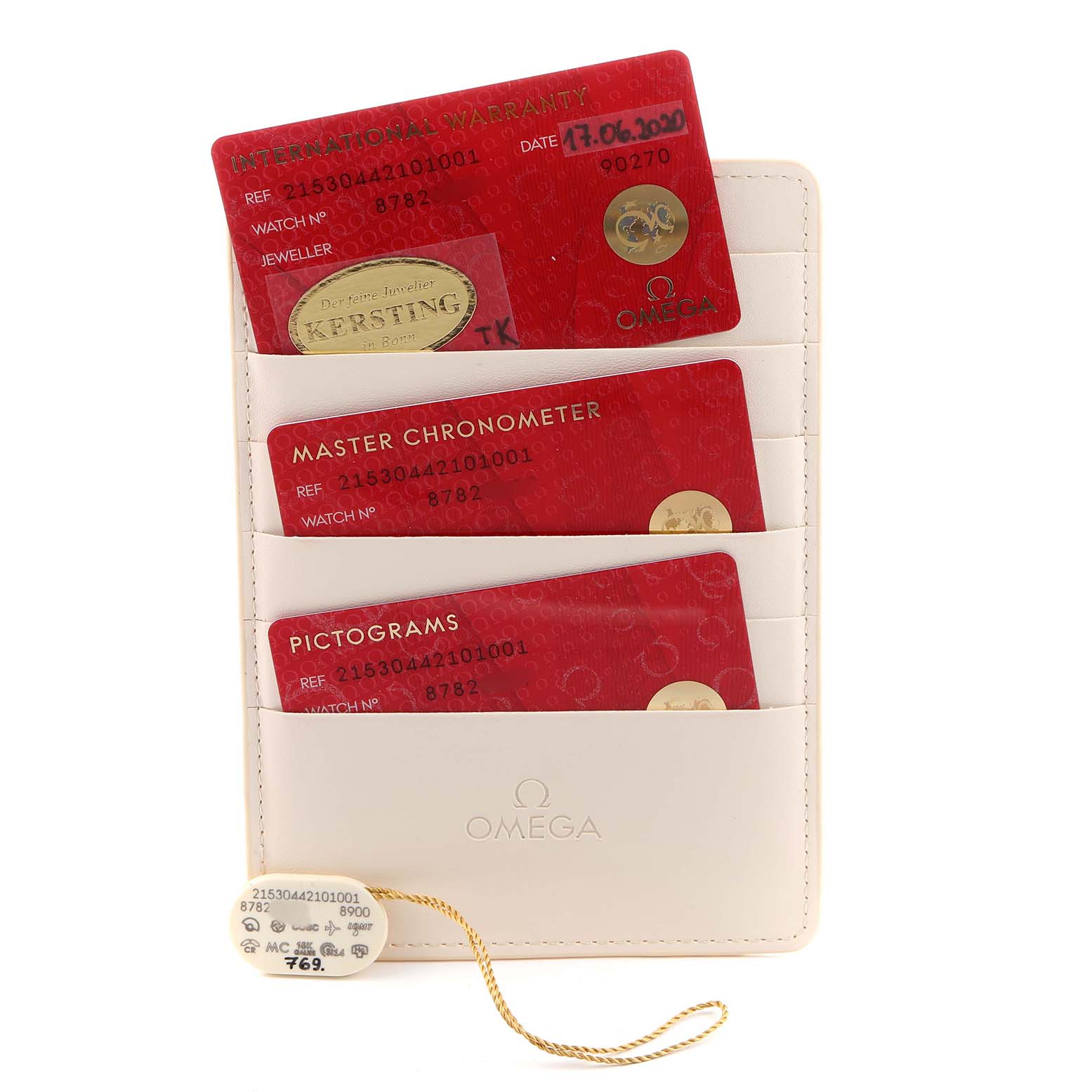 The image shows warranty and chronometer cards for the Omega Planet Ocean 215.30.44.21.01.001 Men's Stainless Steel Black Dial, displayed in a white cardholder.