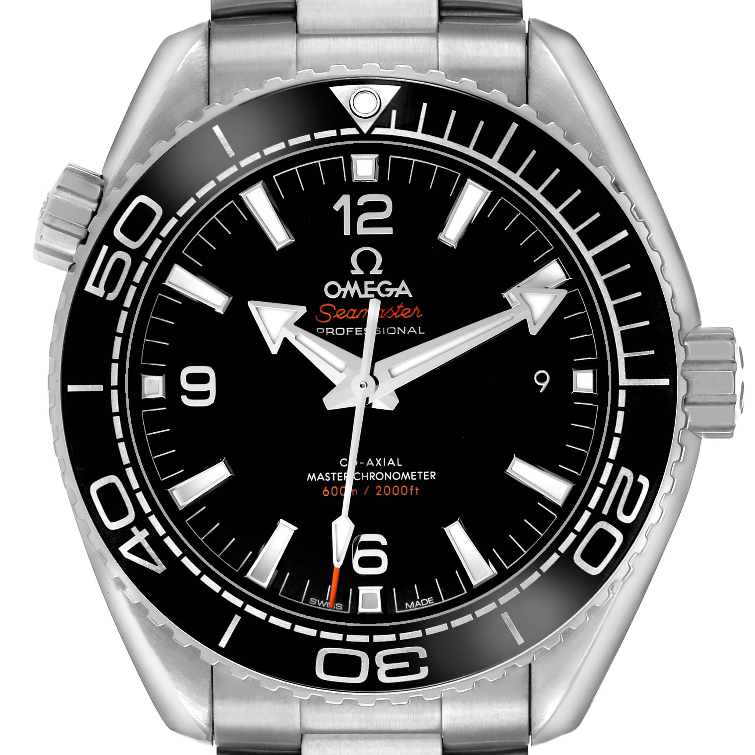 The Omega Planet Ocean 215.30.44.21.01.001 Men's Stainless Steel Black Dial watch is shown from a top-down angle, highlighting its face and bezel details.