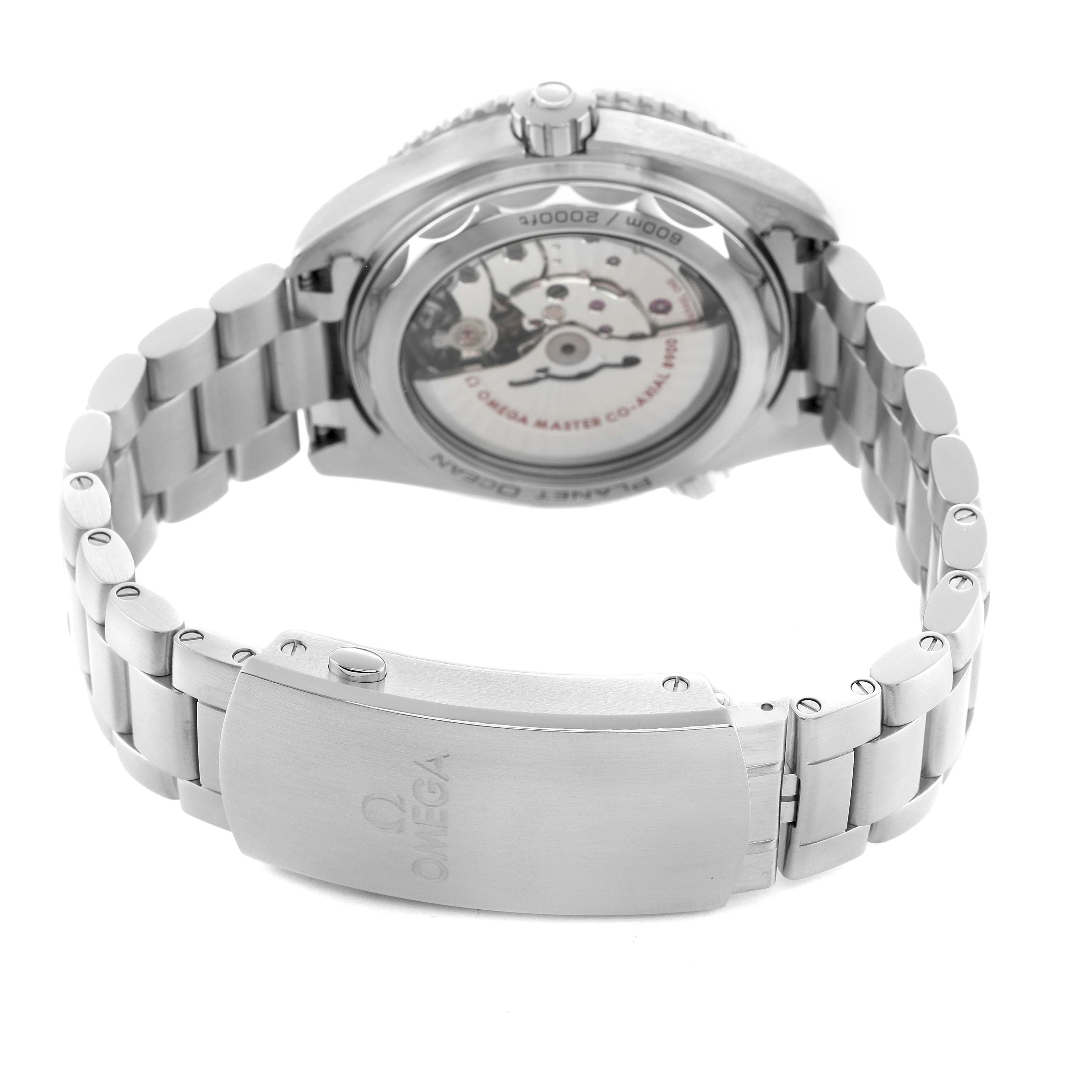 The Omega Planet Ocean 215.30.44.21.01.001 Men's Stainless Steel Black Dial watch is shown from the back, highlighting the case back, clasp, and metal bracelet.