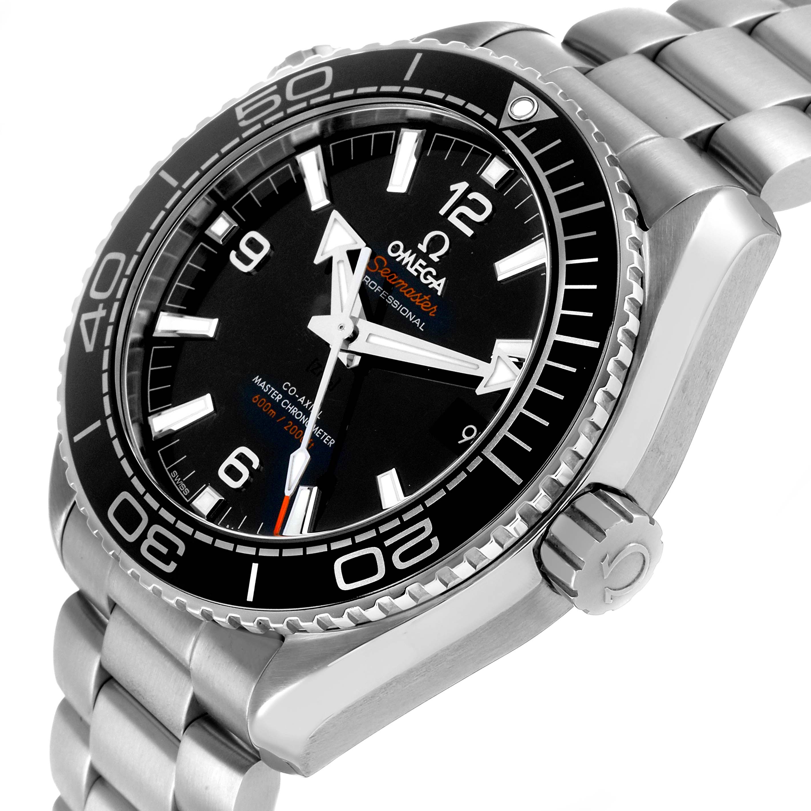 The Omega Planet Ocean 215.30.44.21.01.001 Men's Stainless Steel Black Dial watch is shown from an angled side view, highlighting the dial, bezel, crown, and bracelet.