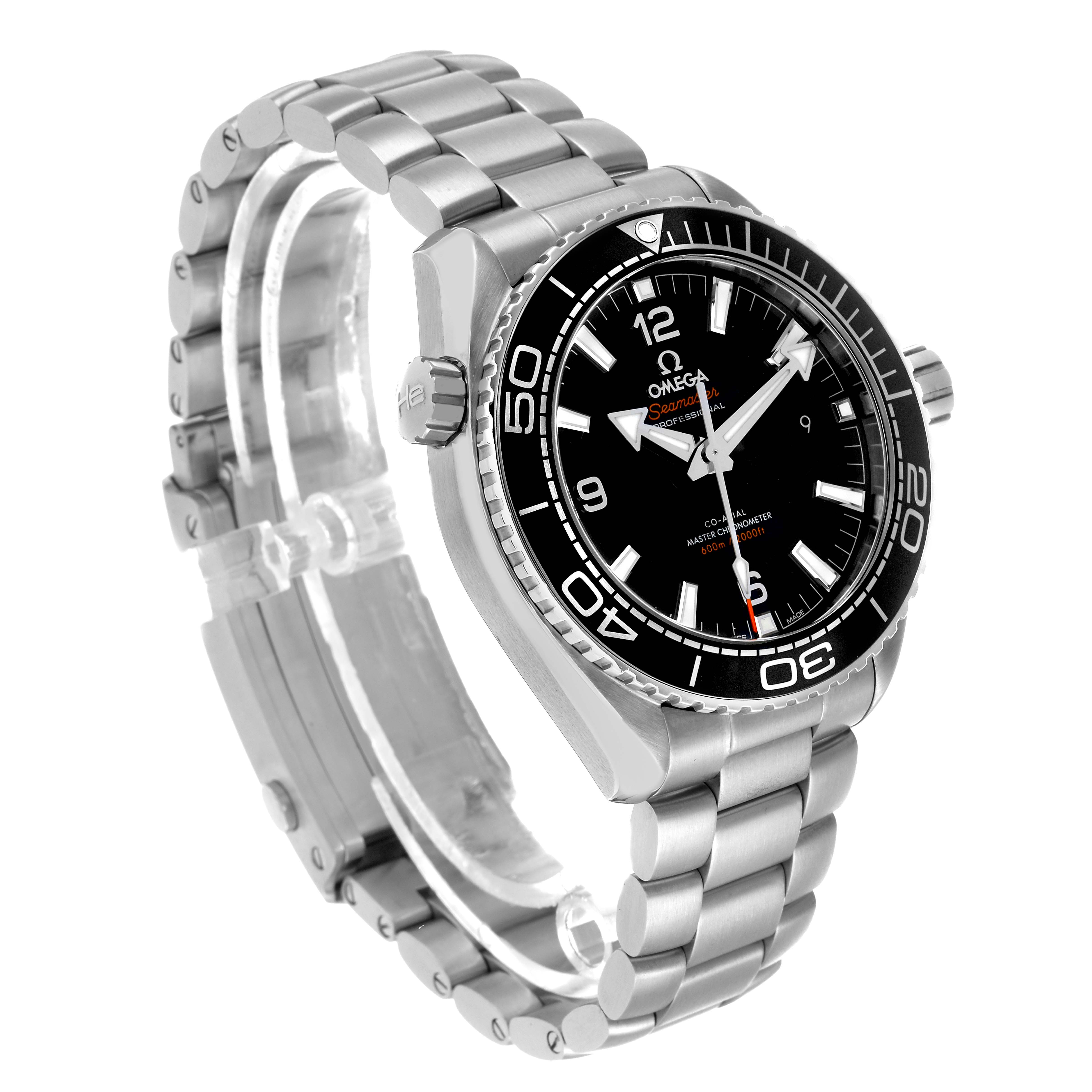 The Omega Planet Ocean 215.30.44.21.01.001 Men's Stainless Steel Black Dial watch is shown at a three-quarter angle, displaying the face, bezel, crown, and bracelet.