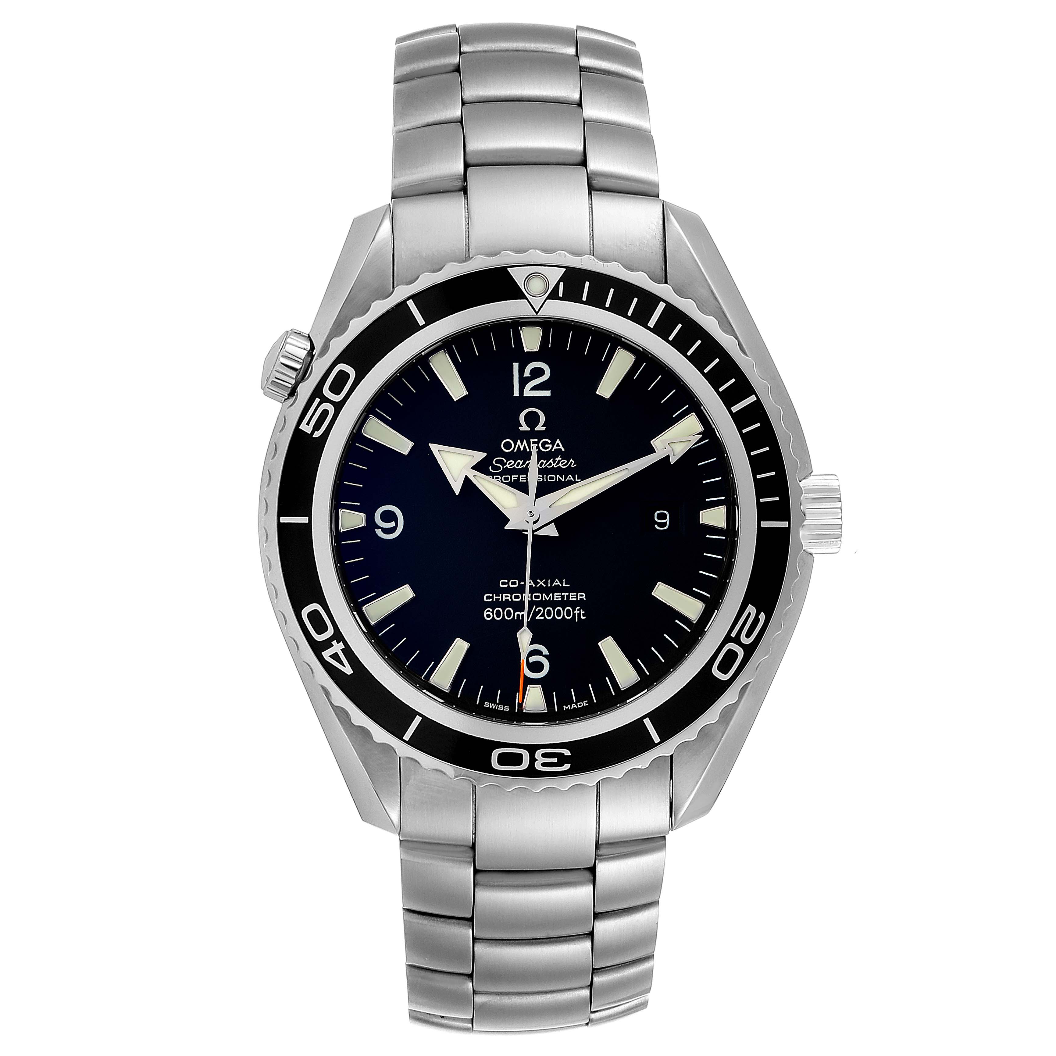 The image shows a front view of the Omega Planet Ocean 2200.50.00 Men
s Stainless Steel Black Dial 2200.50.00 Men
s Stainless Steel Black Dial watch, featuring its bezel, dial, and bracelet.