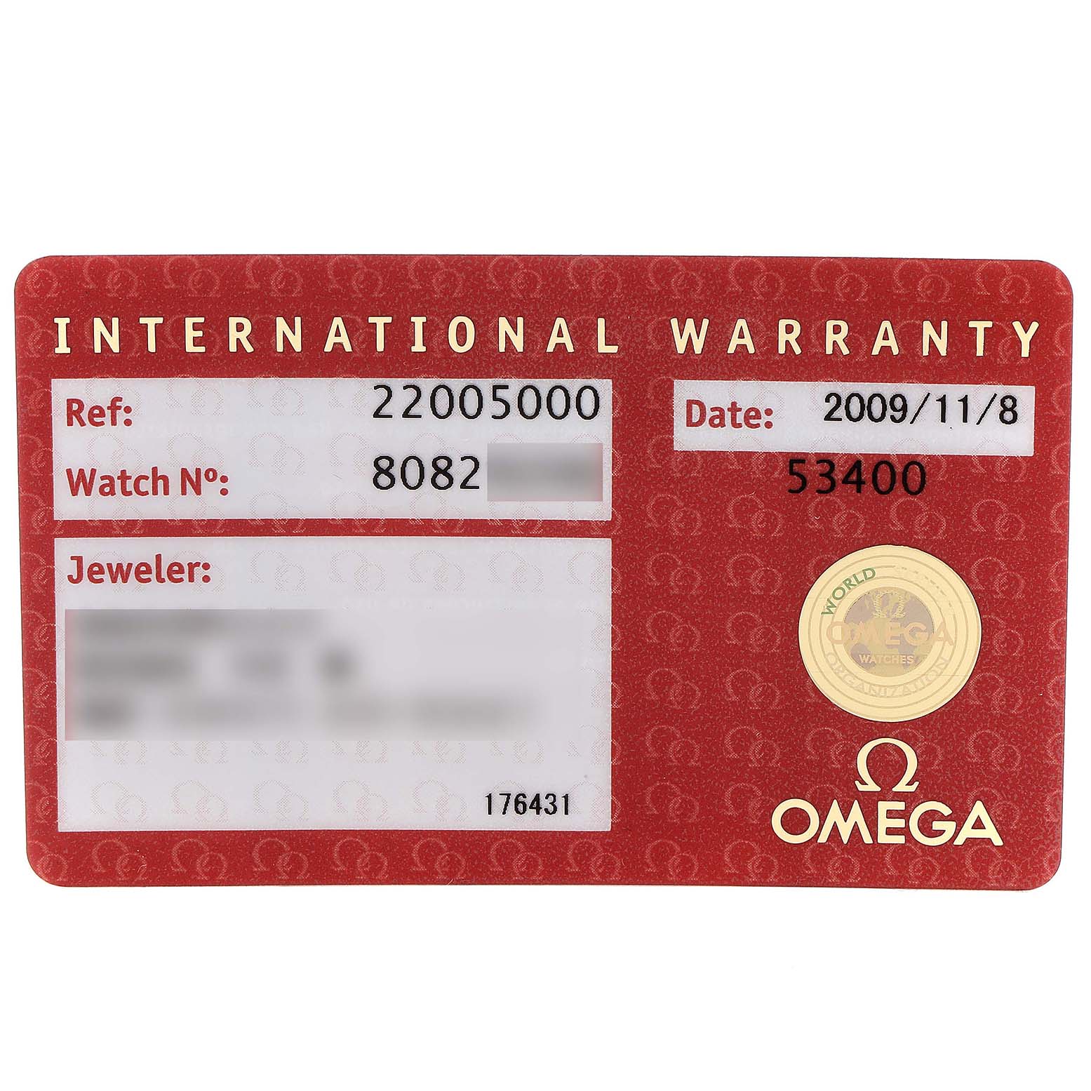 This image shows the International Warranty card for the Omega Planet Ocean 2200.50.00 Men
s Stainless Steel Black Dial 2200.50.00 Men
s Stainless Steel Black Dial model, displaying reference and watch numbers.