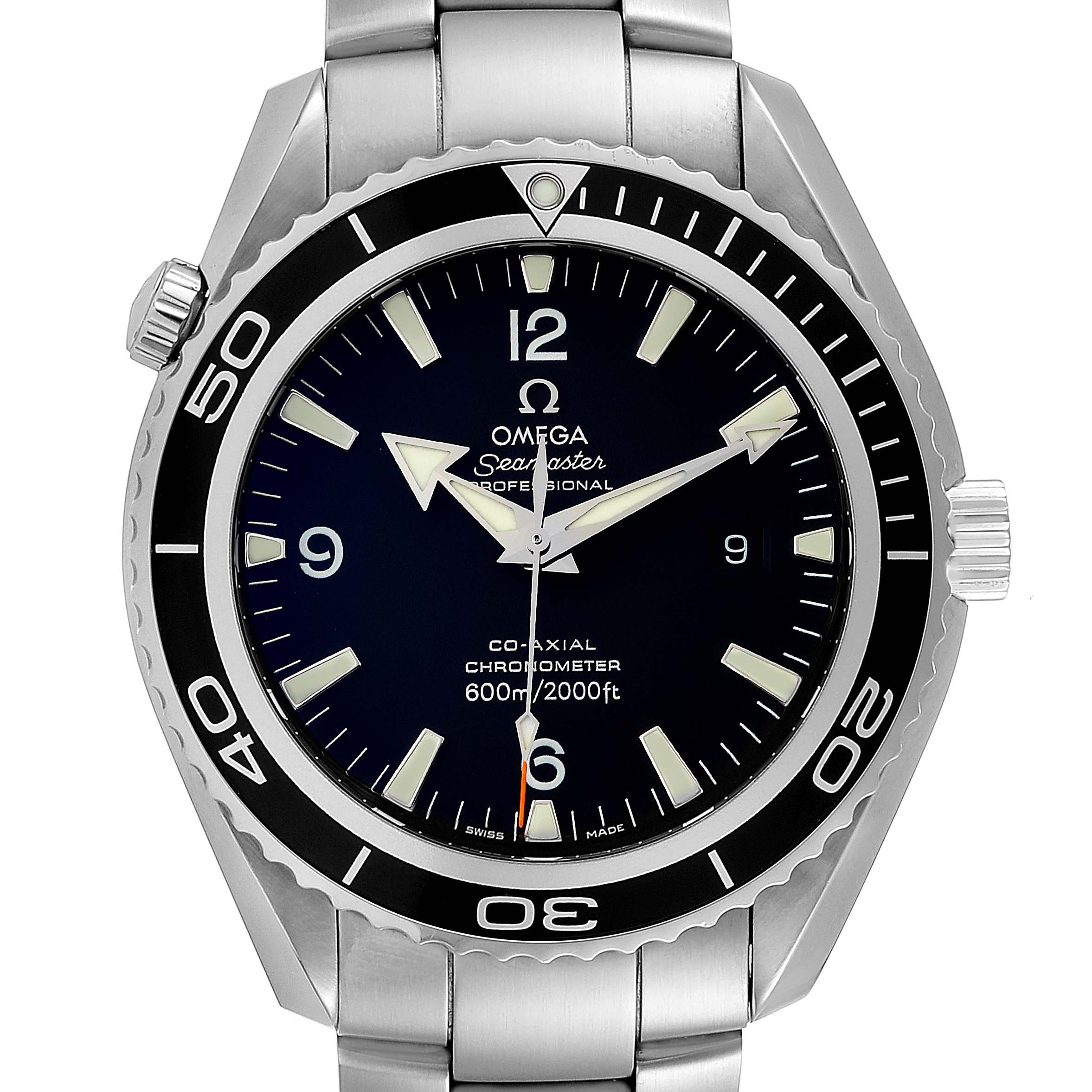 The image shows a front view of the Omega Planet Ocean 2200.50.00 Men
s Stainless Steel Black Dial 2200.50.00 Men
s Stainless Steel Black Dial model watch, highlighting the dial, bezel, and crown.