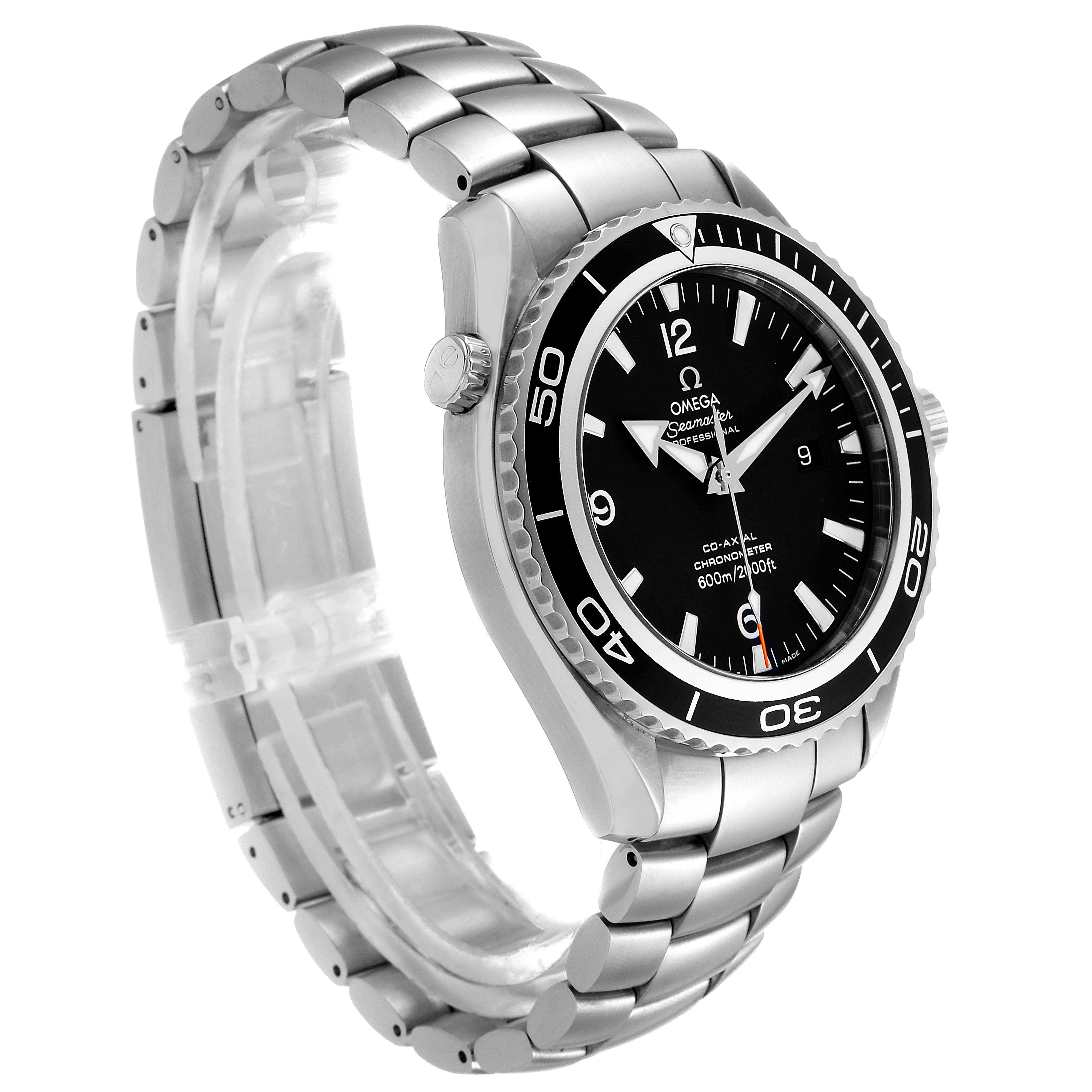 The image shows a side-angle view of the Omega Planet Ocean 2200.50.00 Men
s Stainless Steel Black Dial 2200.50.00 Men
s Stainless Steel Black Dial watch, featuring its full face, bezel, and metal bracelet.