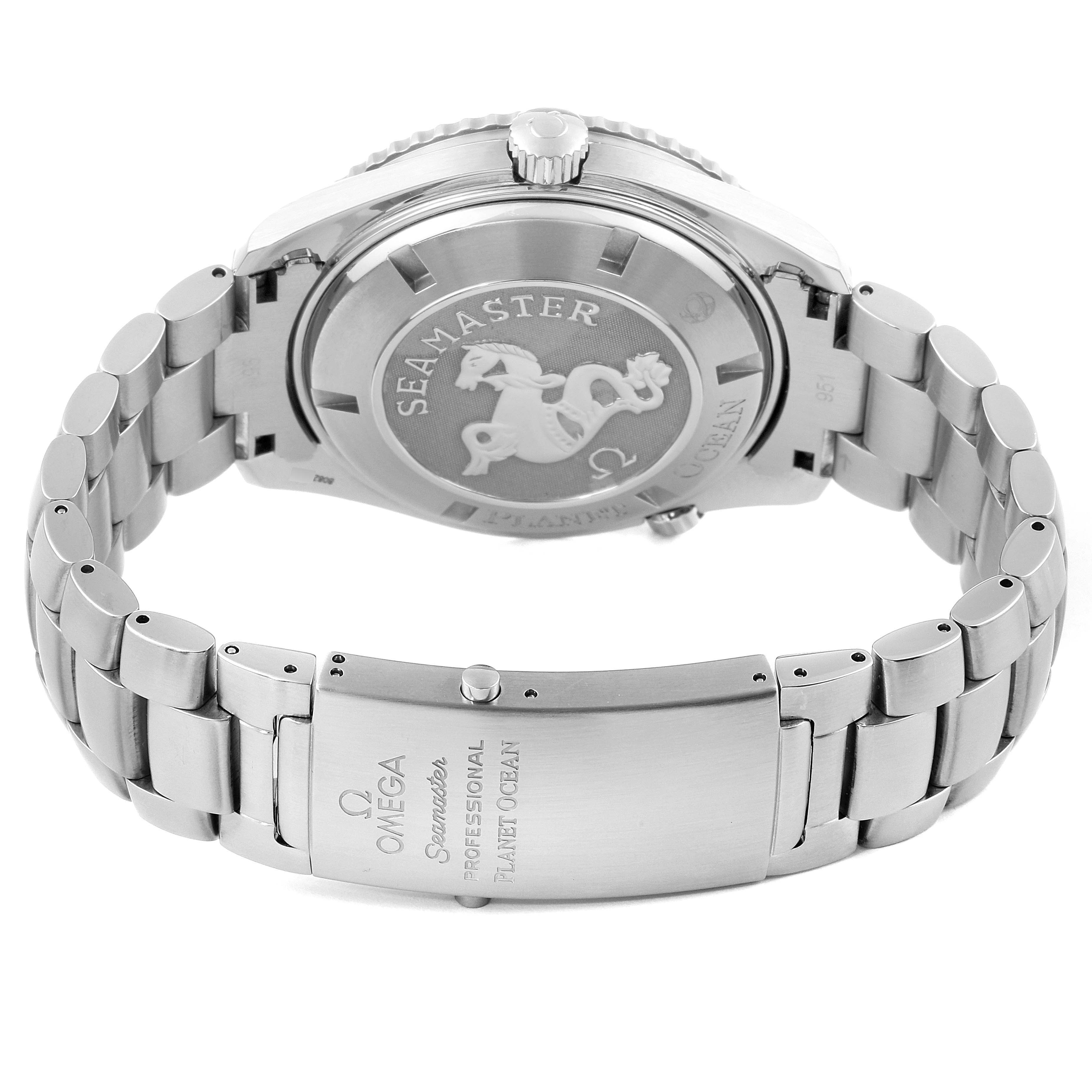 The image shows the back case and bracelet clasp of the Omega Planet Ocean 2200.50.00 Men
s Stainless Steel Black Dial 2200.50.00 Men
s Stainless Steel Black Dial watch, highlighting the Seamaster engraving.