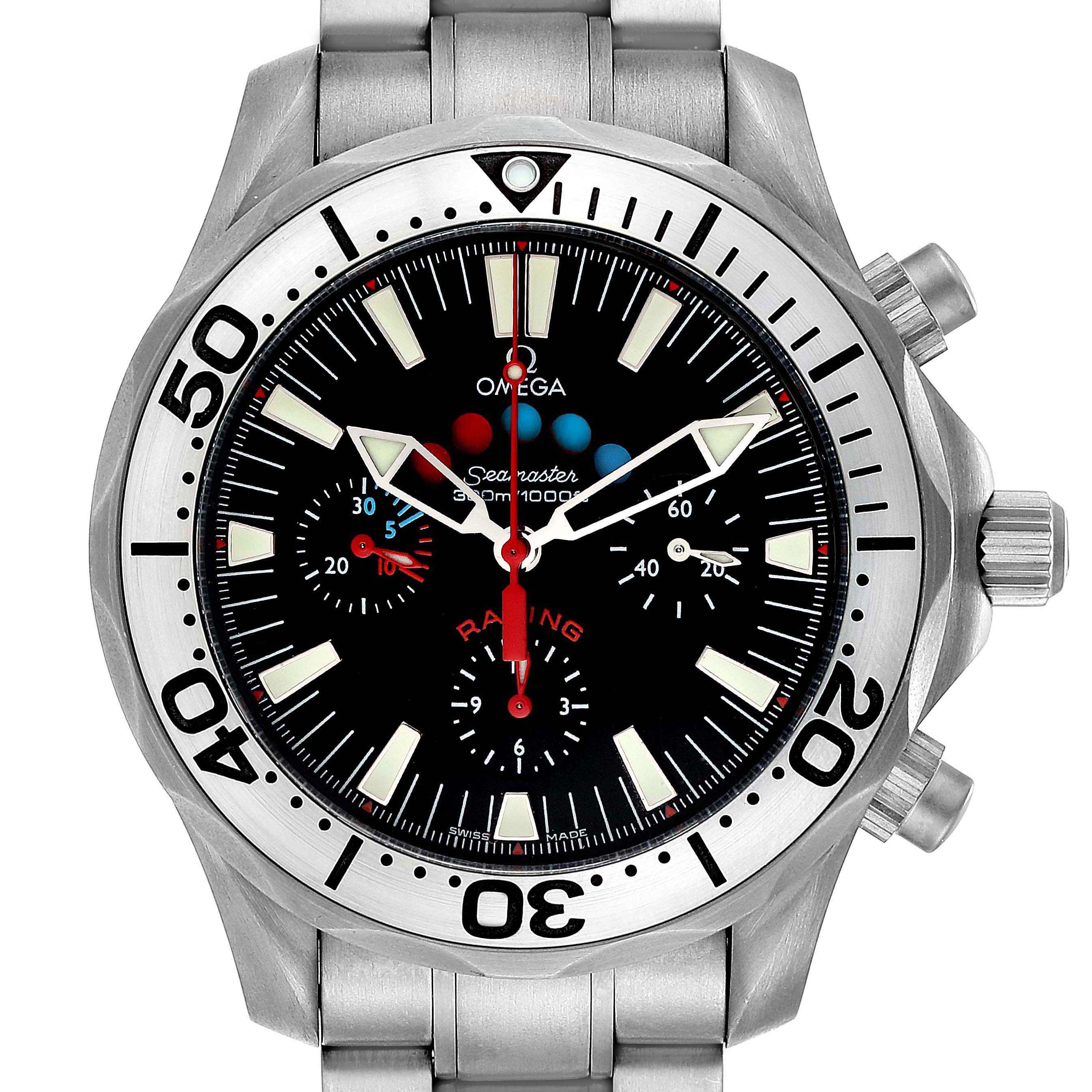 The Omega Seamaster 2269.52.00 Men's Titanium Black Dial 2269.52.00 Men's Titanium Black Dial watch is shown from a frontal angle, highlighting the dial, bezel, and crowns.