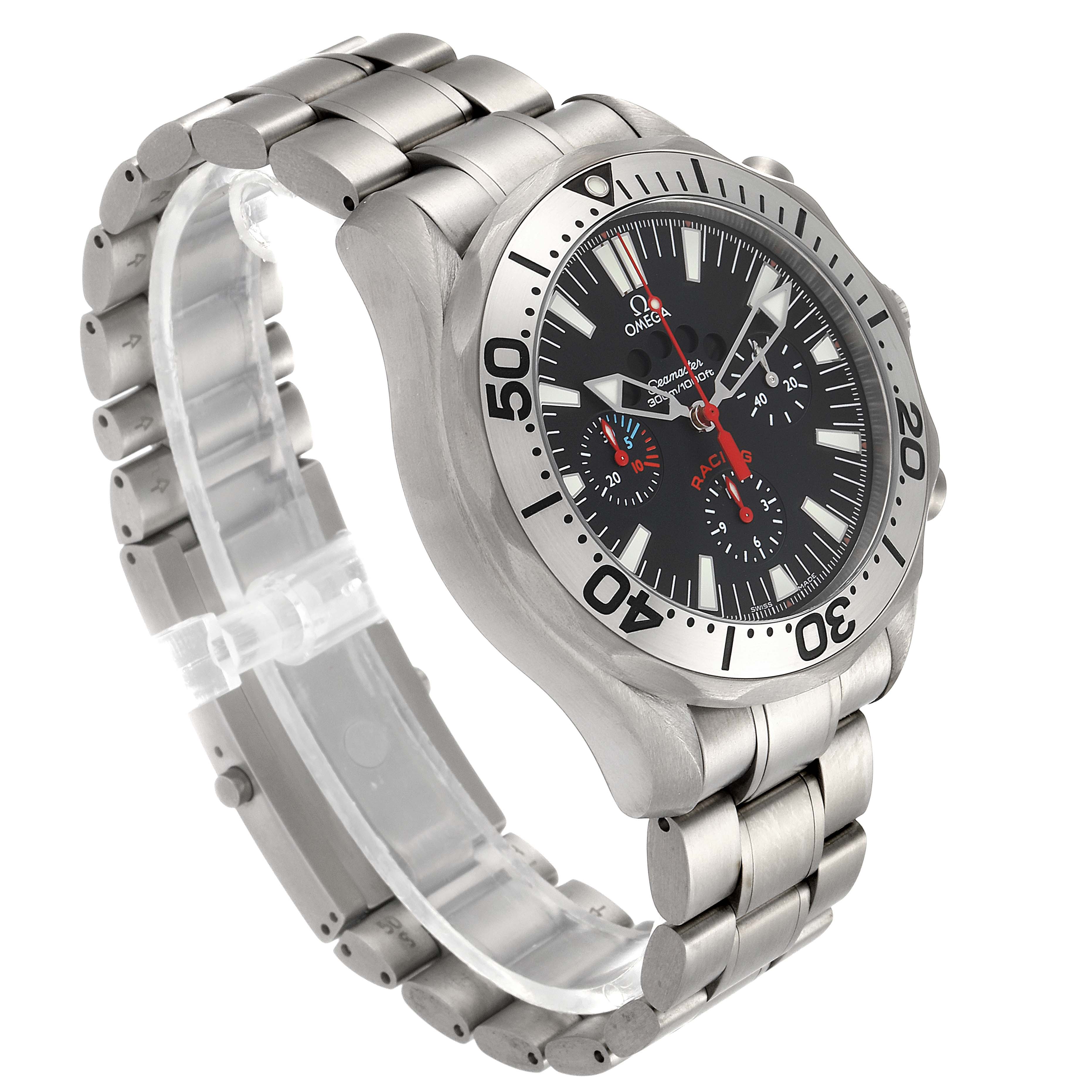 The Omega Seamaster 2269.52.00 Men's Titanium Black Dial 2269.52.00 Men's Titanium Black Dial watch is shown at a three-quarter angle, highlighting the dial, bezel, and bracelet.