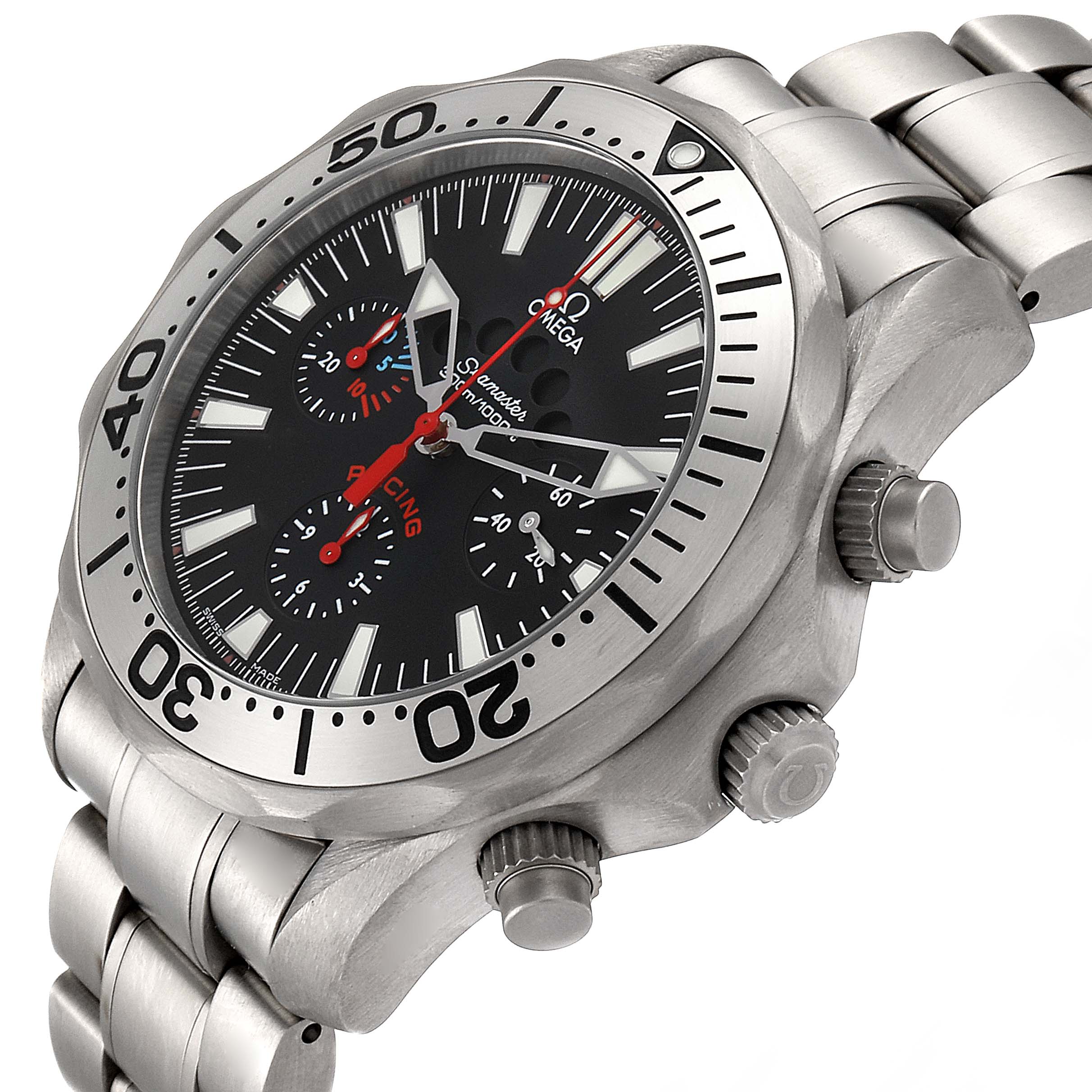 The Omega Seamaster 2269.52.00 Men's Titanium Black Dial 2269.52.00 Men's Titanium Black Dial watch is shown at an angled side view, highlighting the bezel, dial, crown, pushers, and bracelet.
