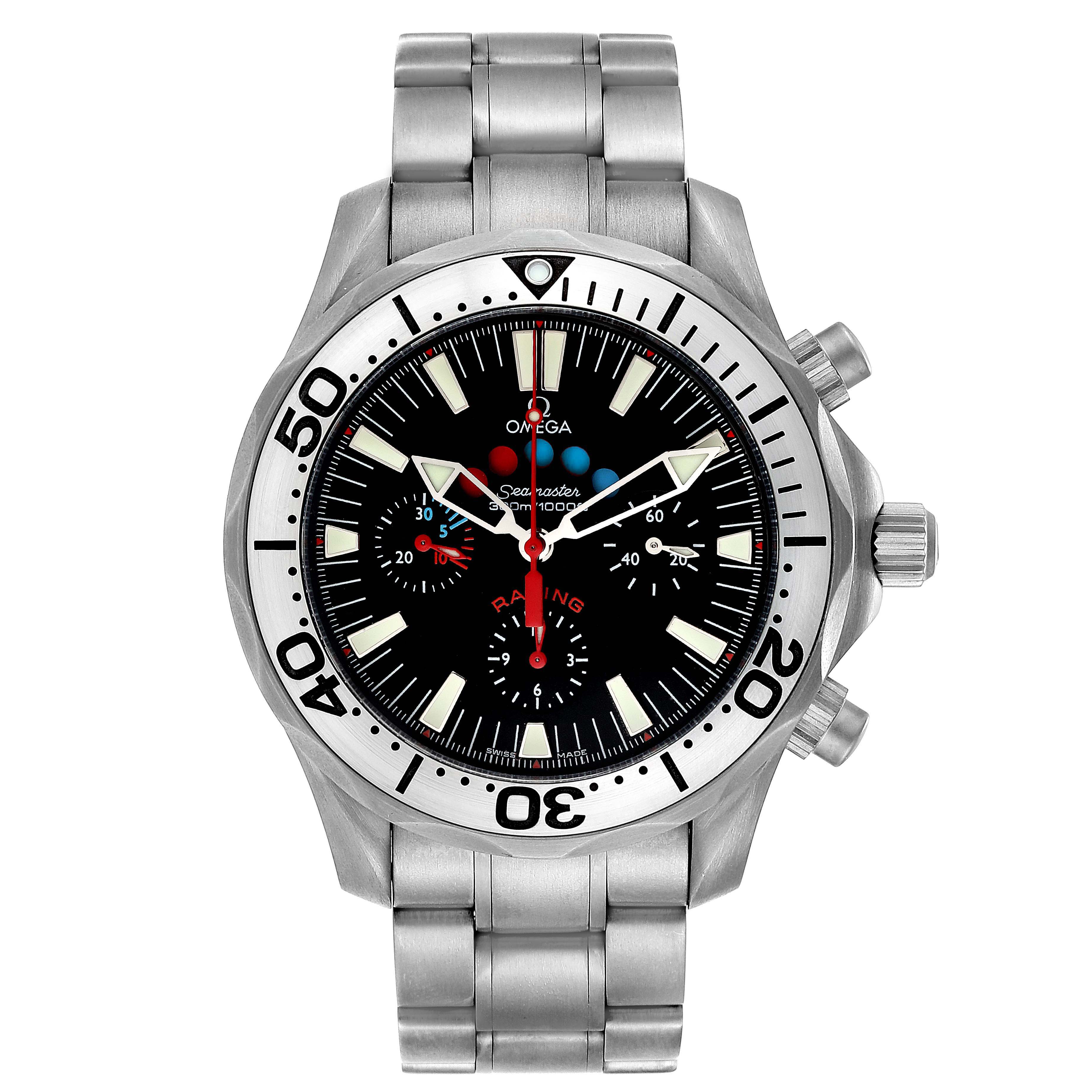The Omega Seamaster 2269.52.00 Men's Titanium Black Dial 2269.52.00 Men's Titanium Black Dial watch is shown from a top-down angle, displaying its face, dial, bezel, and stainless steel bracelet.
