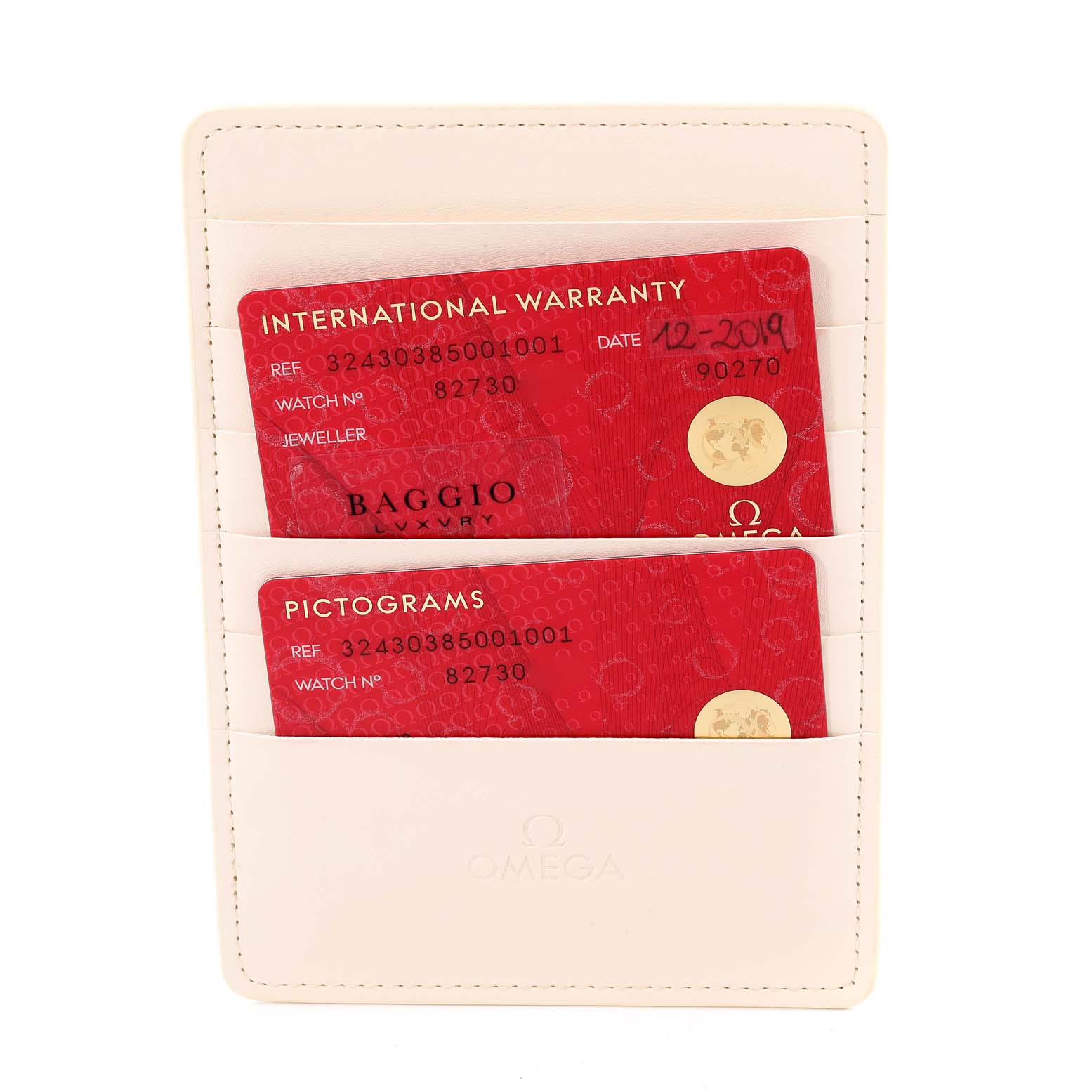 This image shows an Omega Speedmaster 324.30.38.50.01.001 Men's Stainless Steel Black Dial 324.30.38.50.01.001 Men's Stainless Steel Black Dial's International Warranty and Pictograms cards in a white cardholder.