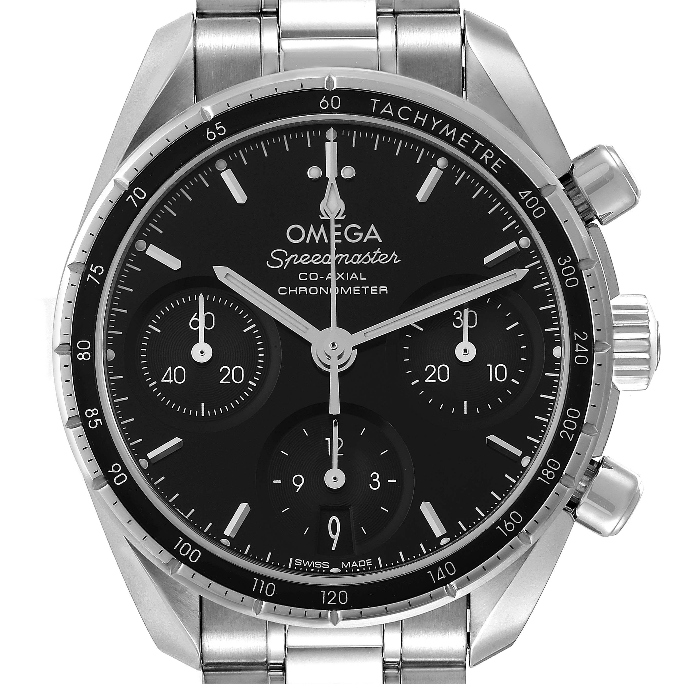 The image shows a front view of the Omega Speedmaster 324.30.38.50.01.001 Men's Stainless Steel Black Dial 324.30.38.50.01.001 Men's Stainless Steel Black Dial watch, highlighting its black dial, chronograph sub-dials, and stainless steel bracelet.