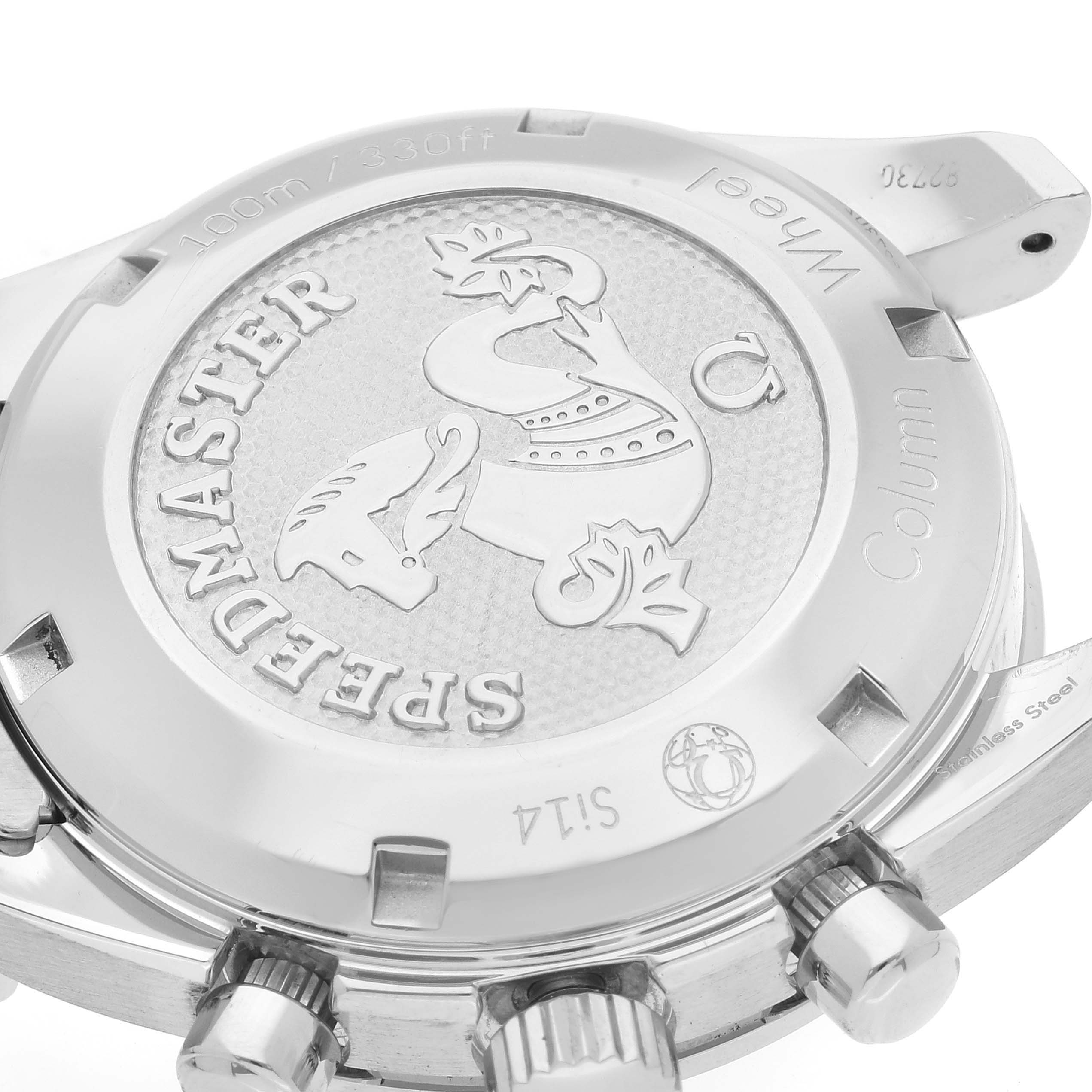 This image shows the back case and side pushers of an Omega Speedmaster 324.30.38.50.01.001 Men's Stainless Steel Black Dial 324.30.38.50.01.001 Men's Stainless Steel Black Dial watch at a slight angle.