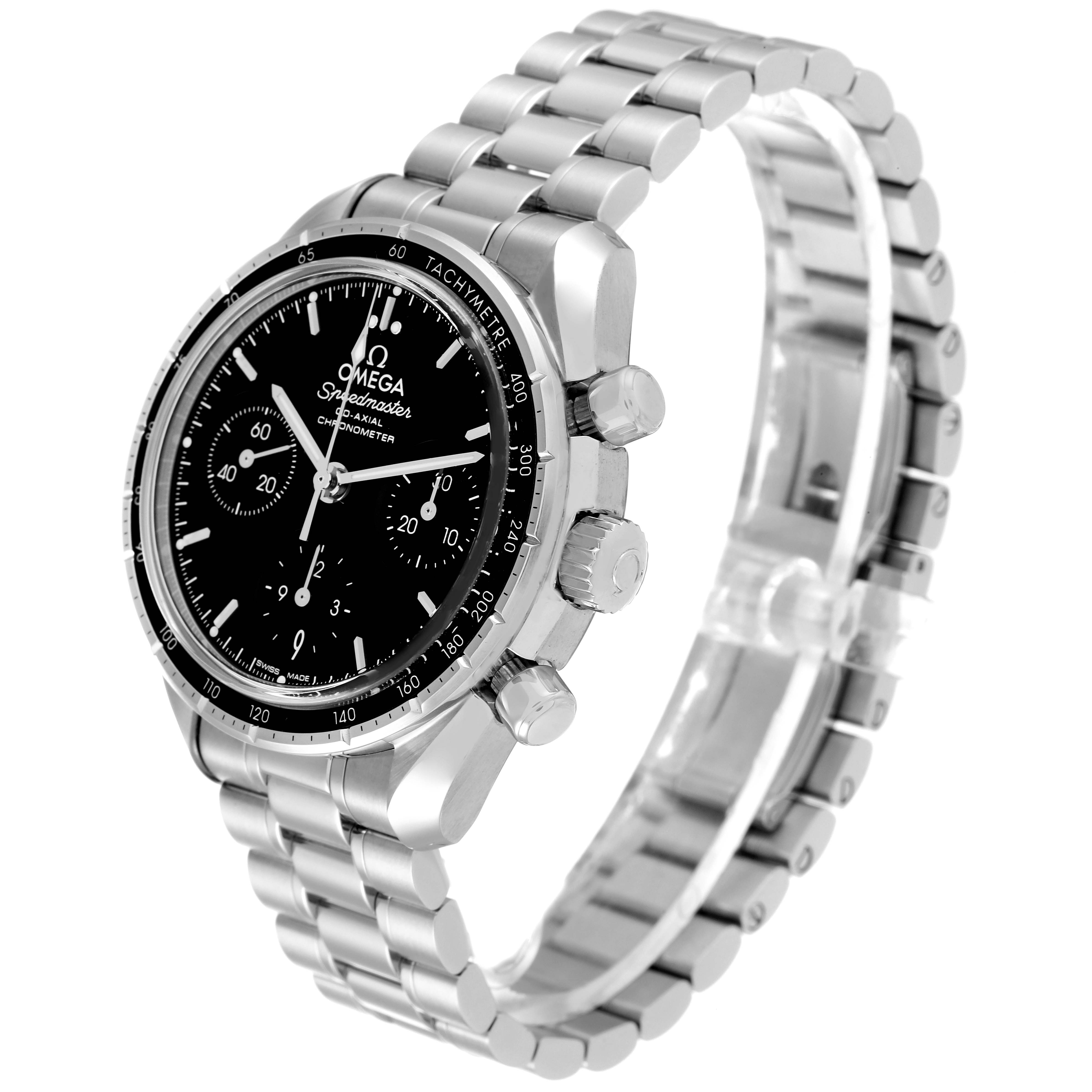 The Omega Speedmaster 324.30.38.50.01.001 Men's Stainless Steel Black Dial 324.30.38.50.01.001 Men's Stainless Steel Black Dial watch is shown at a three-quarter angle, displaying its face, bezel, crown, pushers, and bracelet.