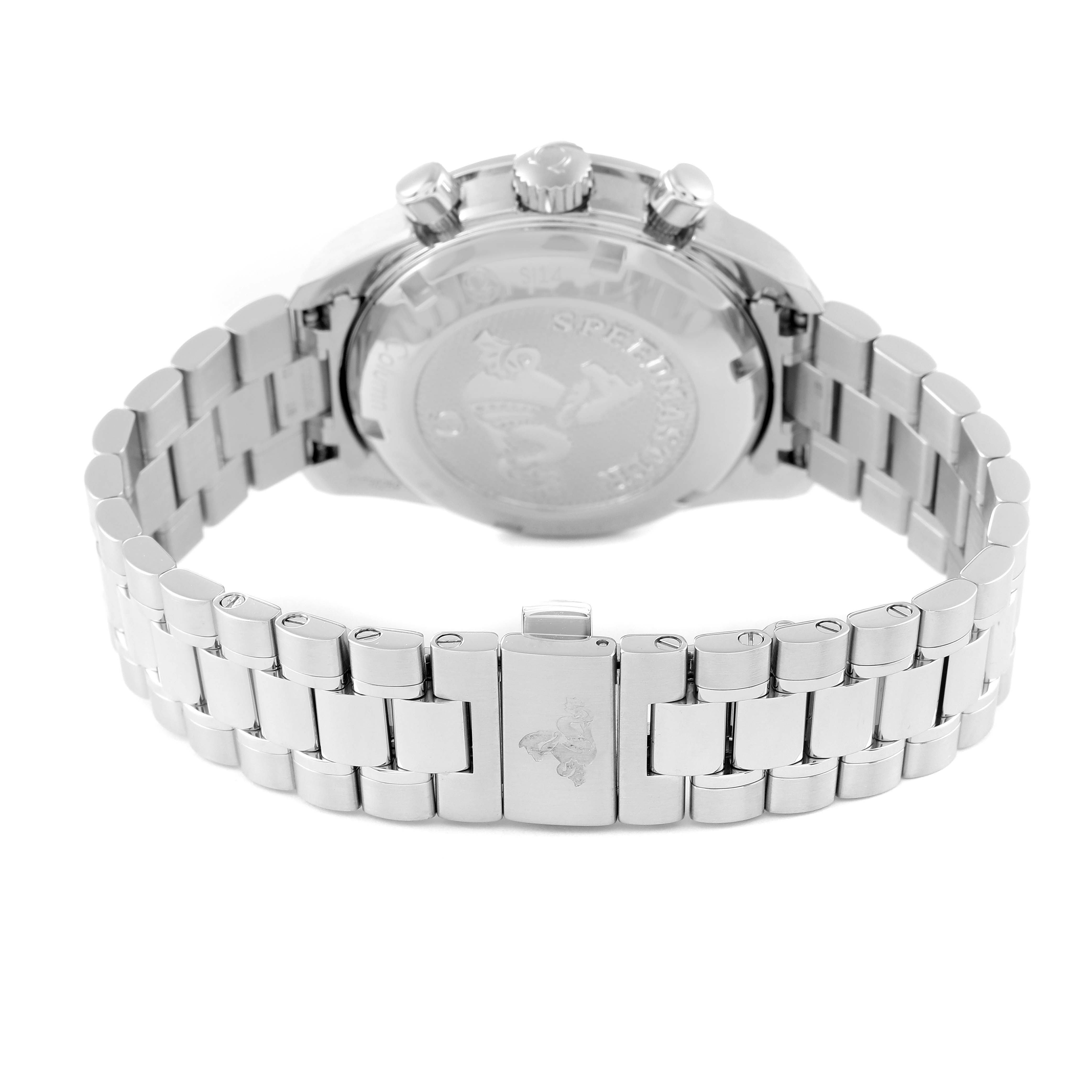 The image shows the back view of an Omega Speedmaster 324.30.38.50.01.001 Men's Stainless Steel Black Dial 324.30.38.50.01.001 Men's Stainless Steel Black Dial watch, including the case back and metal bracelet.