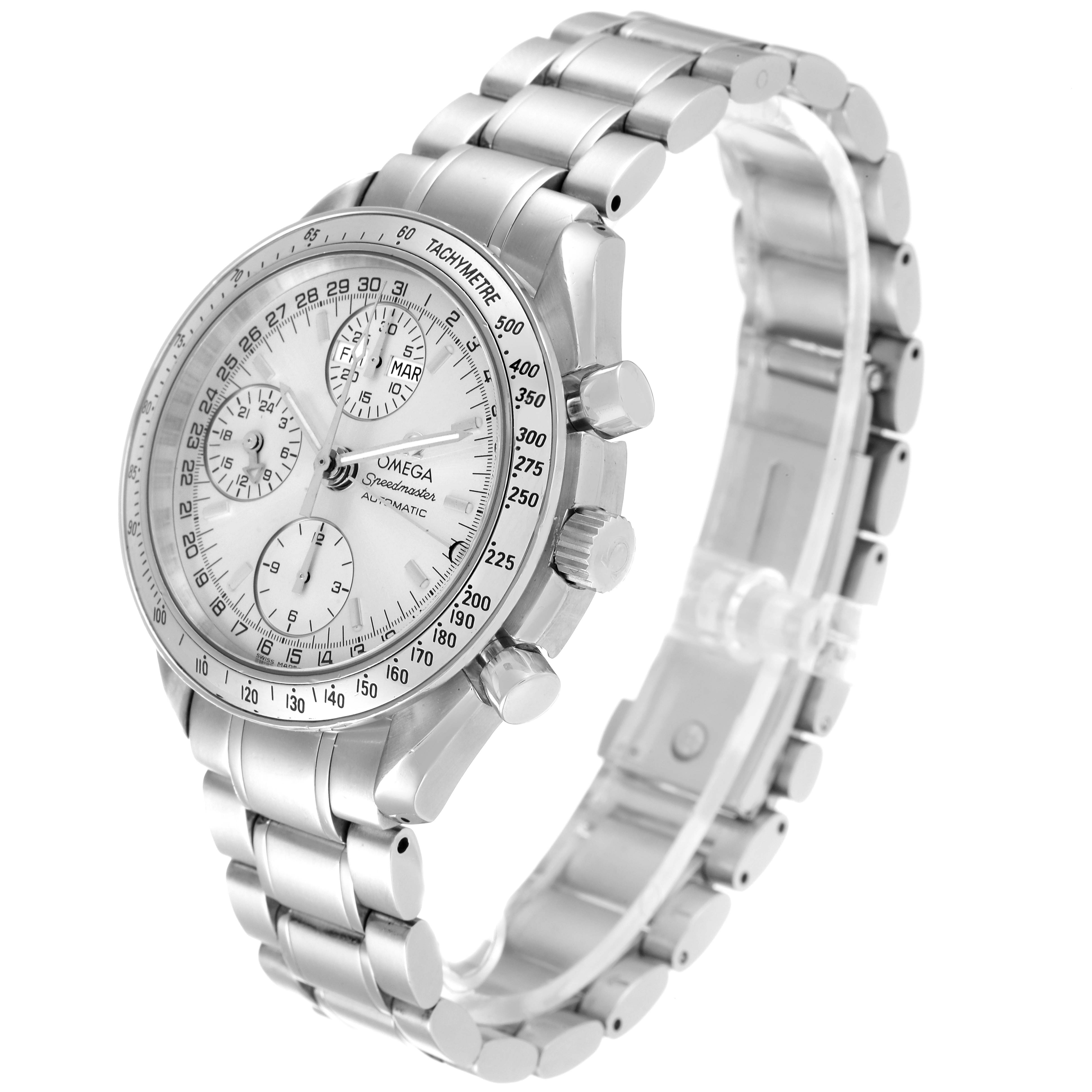 The image shows an Omega Speedmaster 3523.30.00 Men's Stainless Steel Silver Dial 3523.30.00 Men's Stainless Steel Silver Dial watch at a three-quarter angle, highlighting the face, bezel, and bracelet.