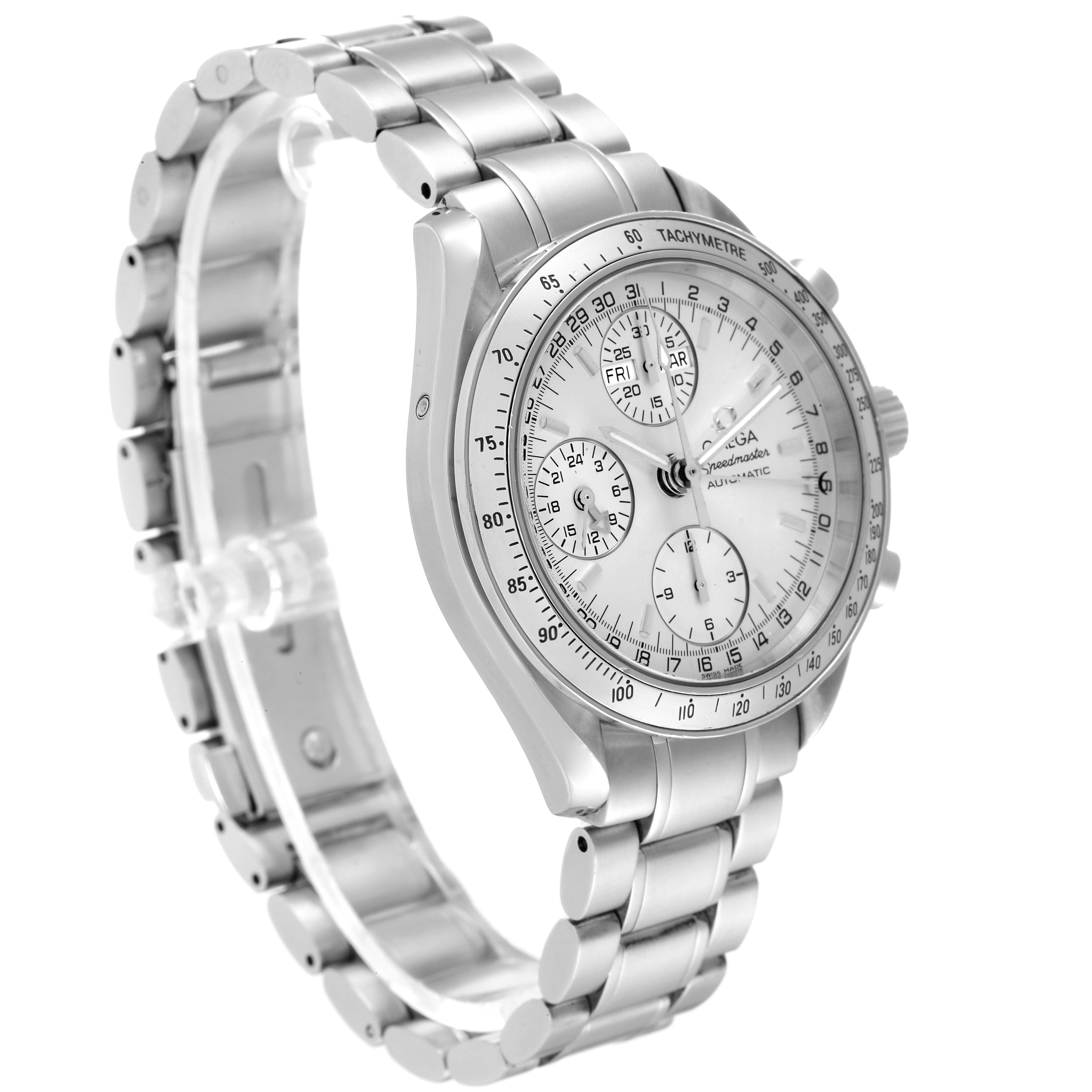 This image shows a side angle of an Omega Speedmaster 3523.30.00 Men's Stainless Steel Silver Dial 3523.30.00 Men's Stainless Steel Silver Dial watch, highlighting the dial, bezel, and metal bracelet.