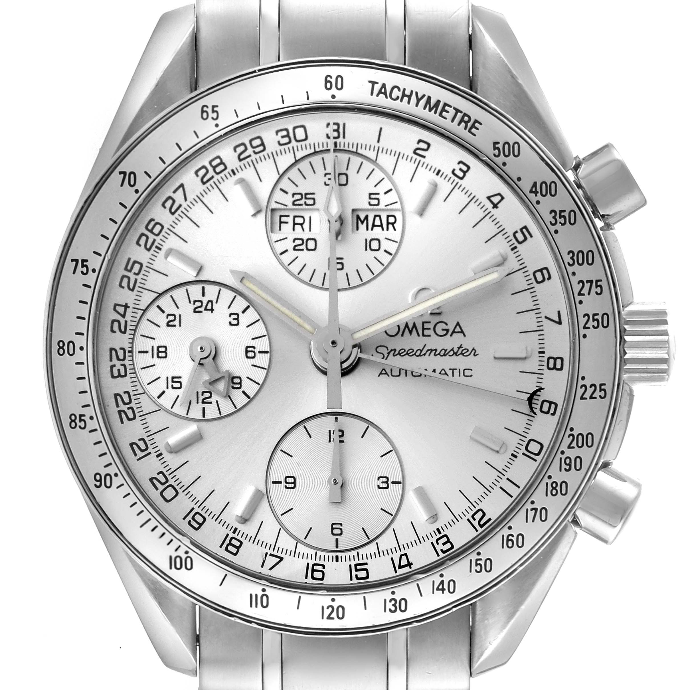 The image shows a frontal view of an Omega Speedmaster 3523.30.00 Men's Stainless Steel Silver Dial 3523.30.00 Men's Stainless Steel Silver Dial watch, displaying the dial, subdials, and bezel with tachymeter markings.