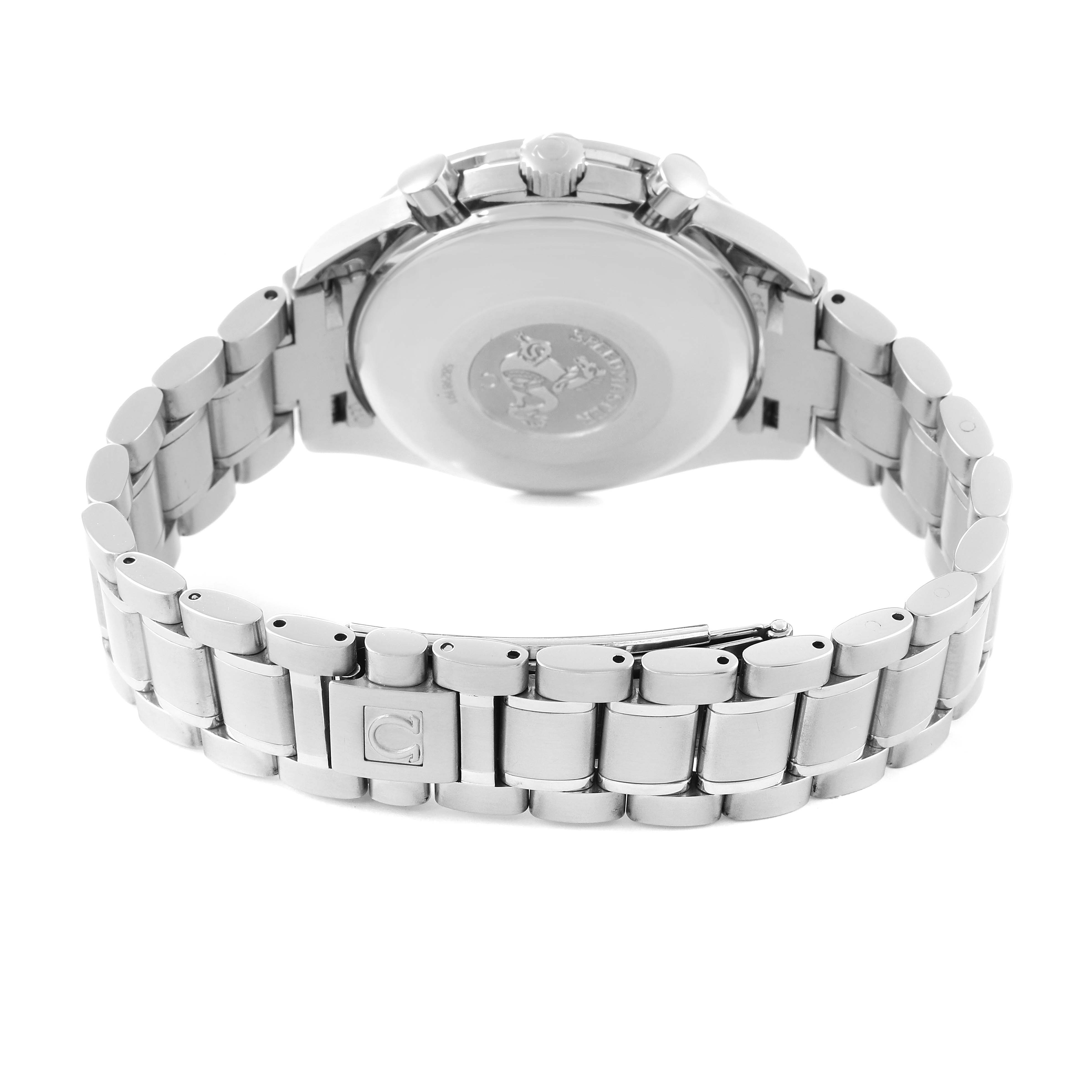 This image shows the back and bracelet of an Omega Speedmaster 3523.30.00 Men's Stainless Steel Silver Dial 3523.30.00 Men's Stainless Steel Silver Dial watch, highlighting its closed clasp and stainless steel links.