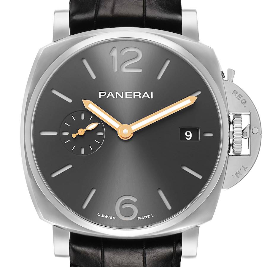 The Panerai Luminor PAM01250 Men's Stainless Steel Grey Dial watch is shown from the front, highlighting its dial, crown guard, and leather strap.