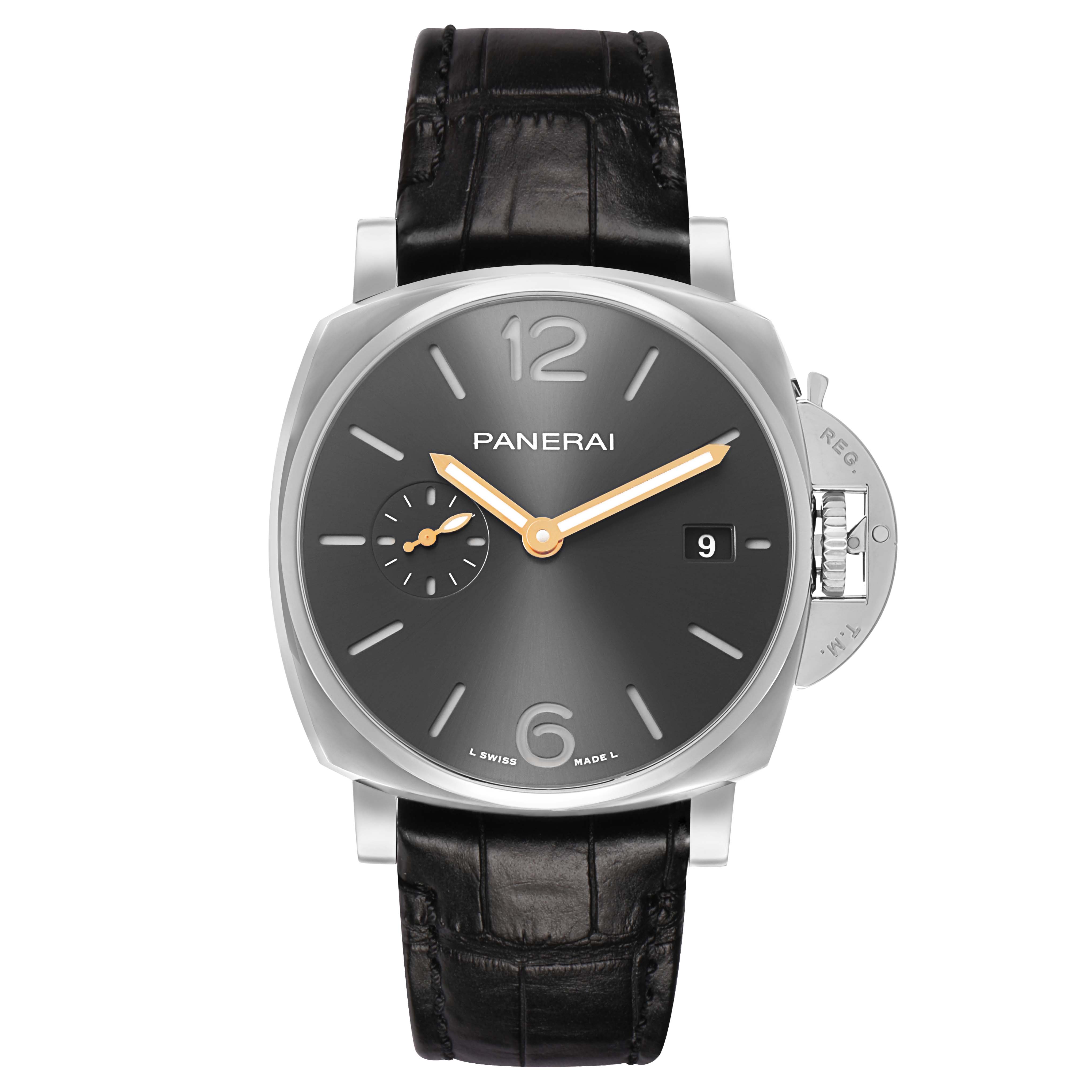 The Panerai Luminor PAM01250 Men's Stainless Steel Grey Dial watch is shown from a front angle, displaying the dial, crown guard, and strap.