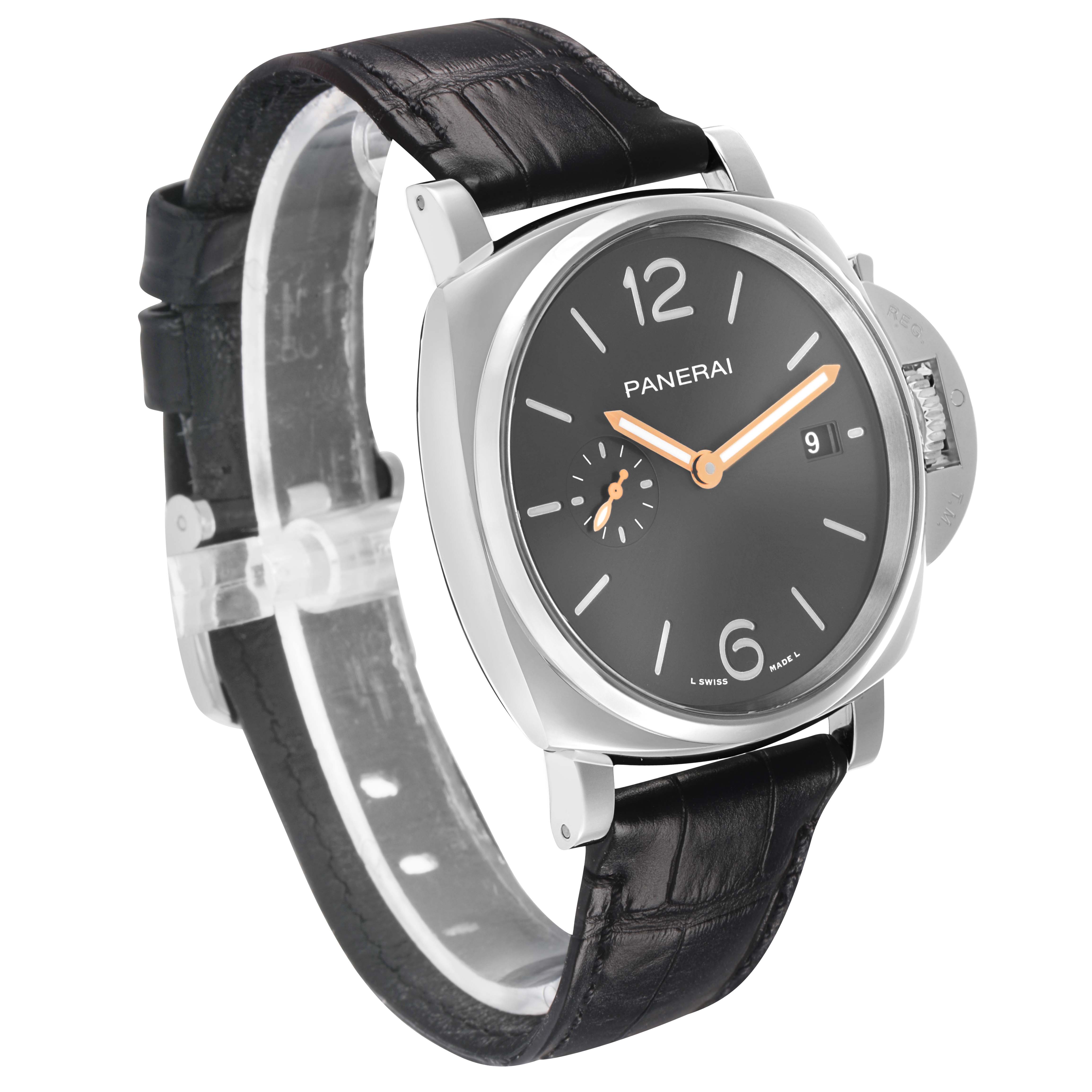 The Panerai Luminor PAM01250 Men's Stainless Steel Grey Dial watch is shown from a front-side angle, highlighting the dial, crown guard, and leather strap.