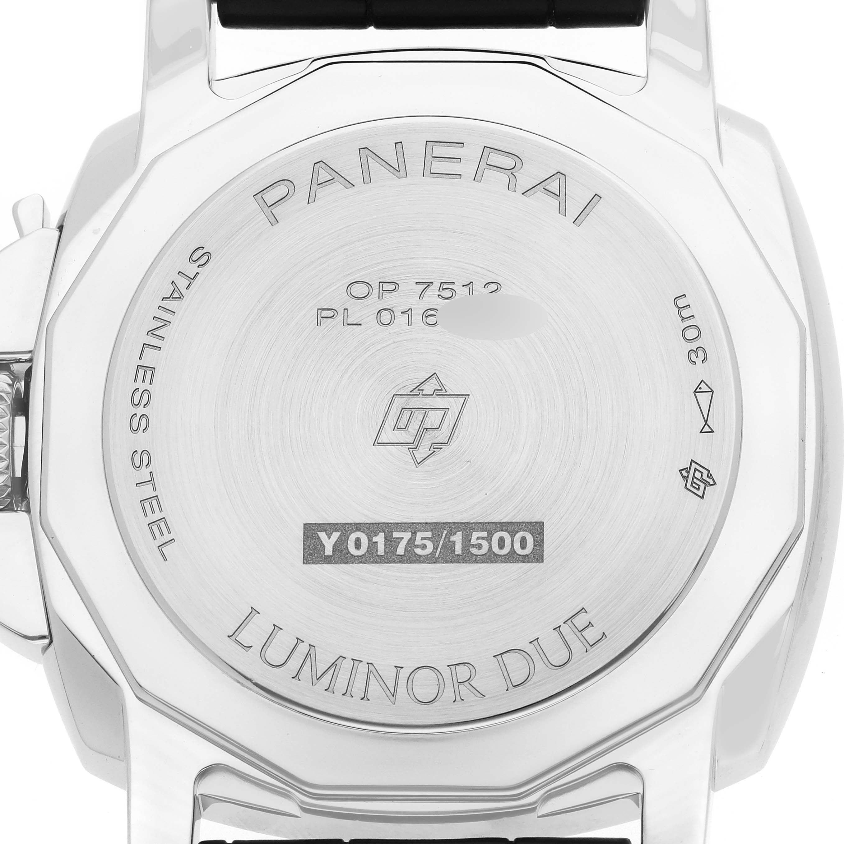The image shows the back of a Panerai Luminor PAM01250 Men's Stainless Steel Grey Dial Due watch, highlighting engravings and stainless steel case details.