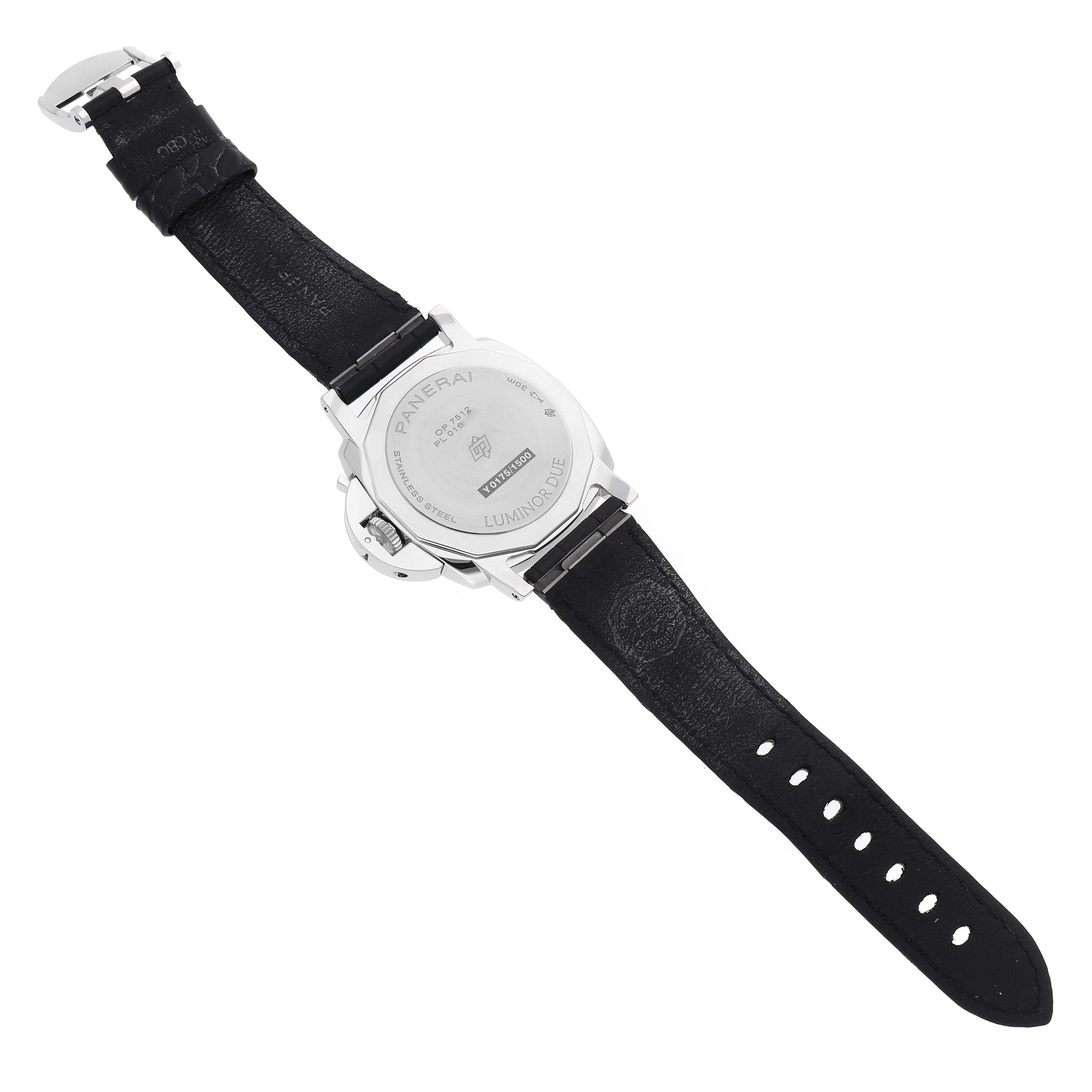 The Panerai Luminor PAM01250 Men's Stainless Steel Grey Dial watch is shown from the back, displaying the case back and leather strap.