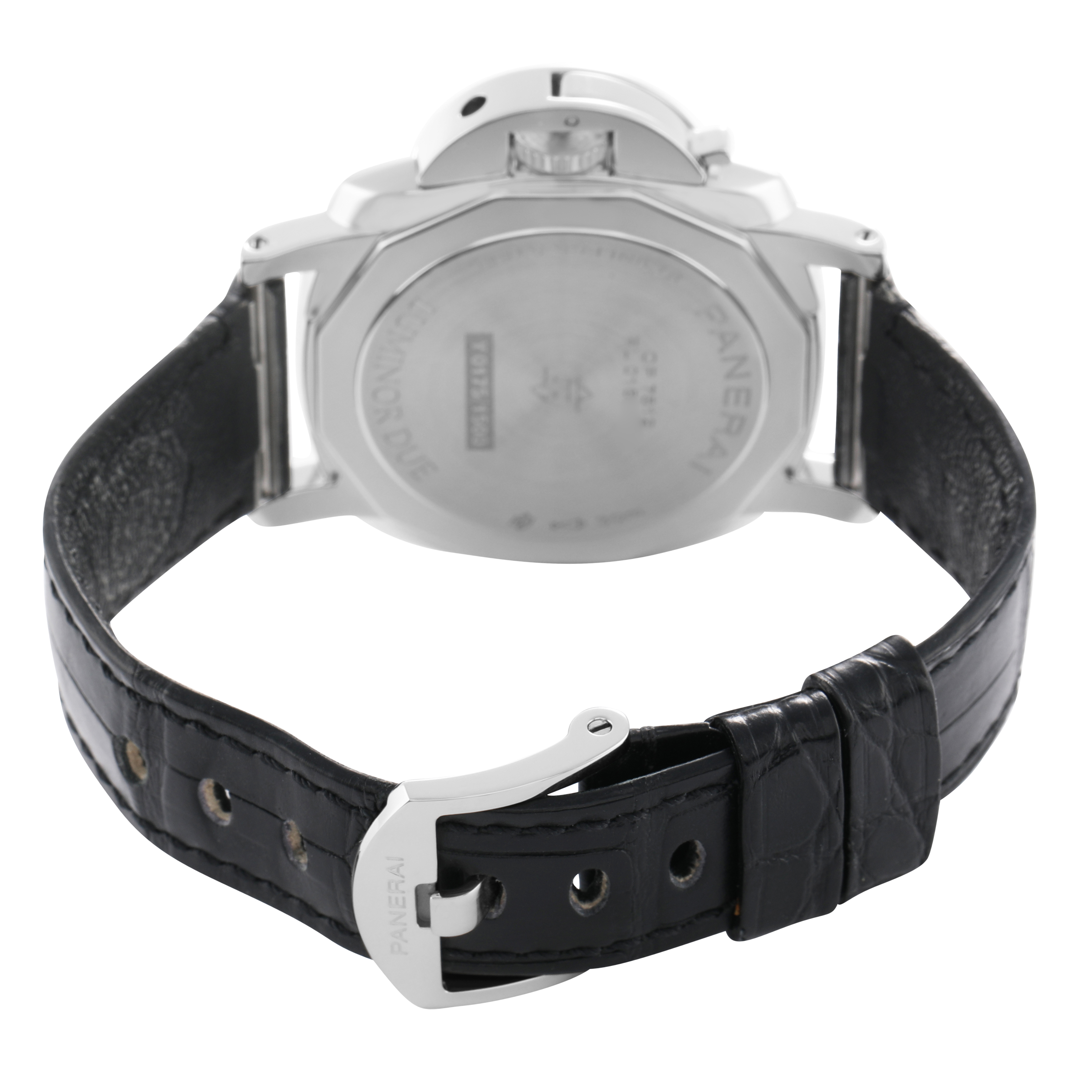 The image shows the back view of a Panerai Luminor PAM01250 Men's Stainless Steel Grey Dial watch, highlighting the case back and leather strap with the branded buckle.