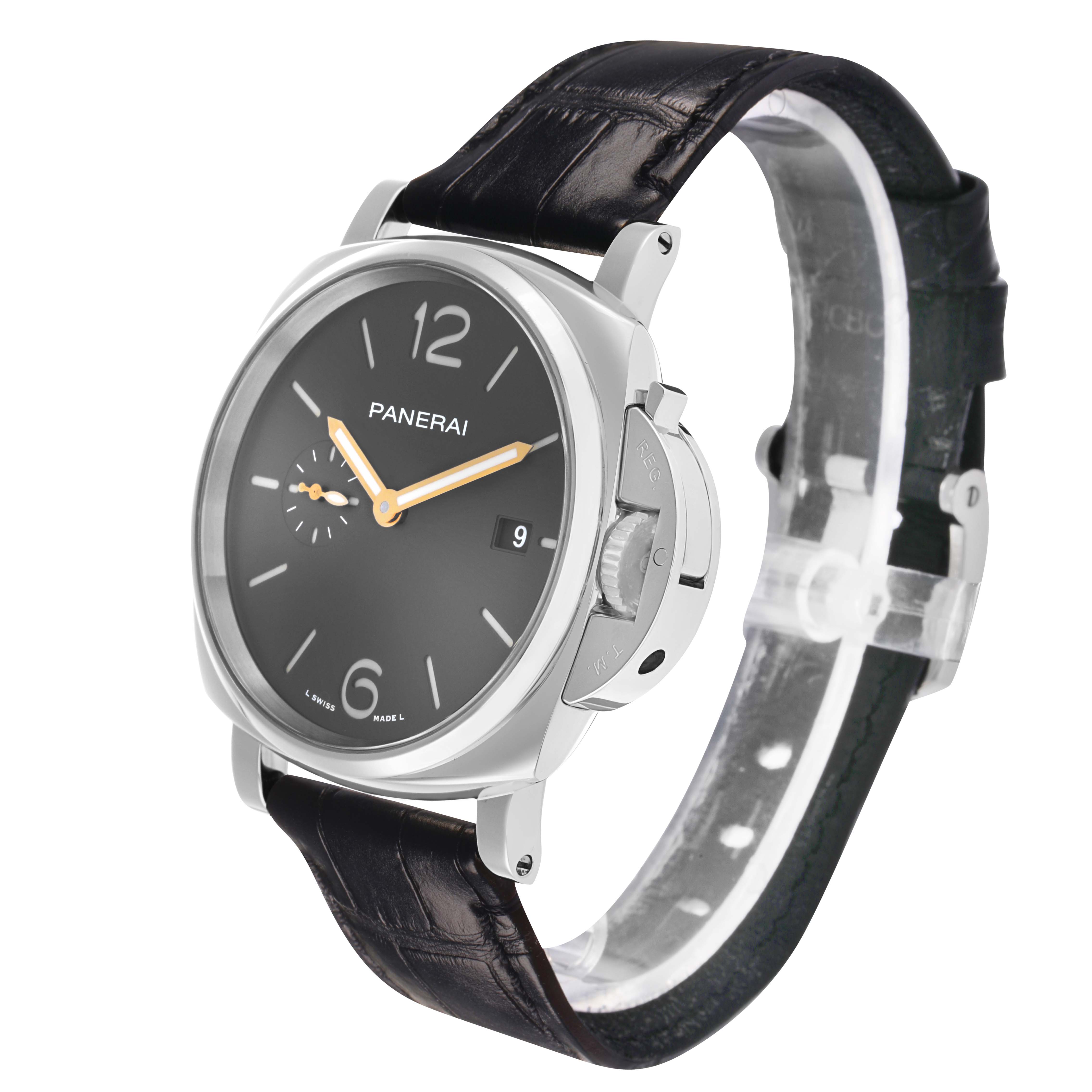 The image shows the Panerai Luminor PAM01250 Men's Stainless Steel Grey Dial watch at a three-quarter angle, highlighting the dial, crown guard, and black leather strap.