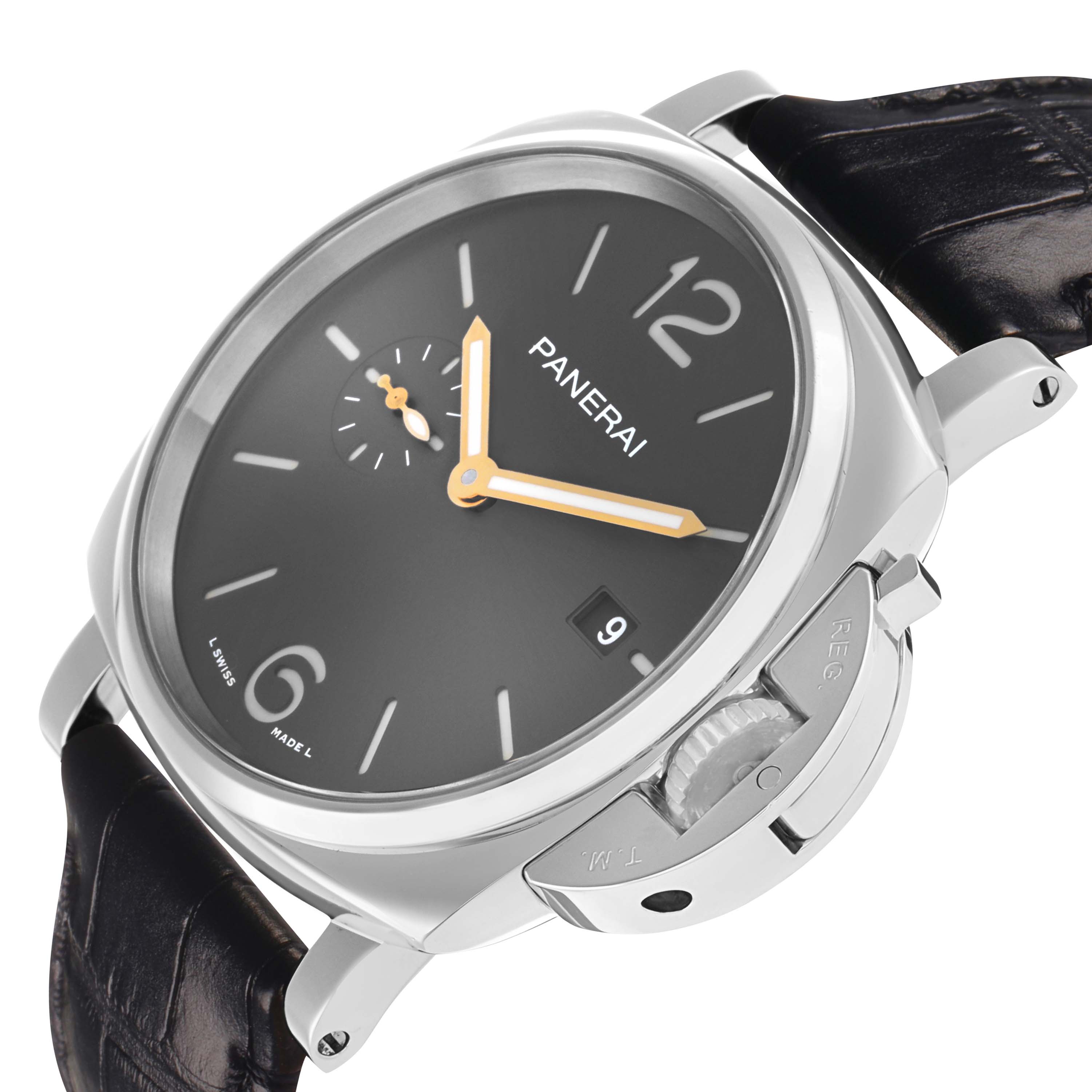 The image shows a Panerai Luminor PAM01250 Men's Stainless Steel Grey Dial watch from a front-side angle, highlighting the dial, crown guard, and leather strap.