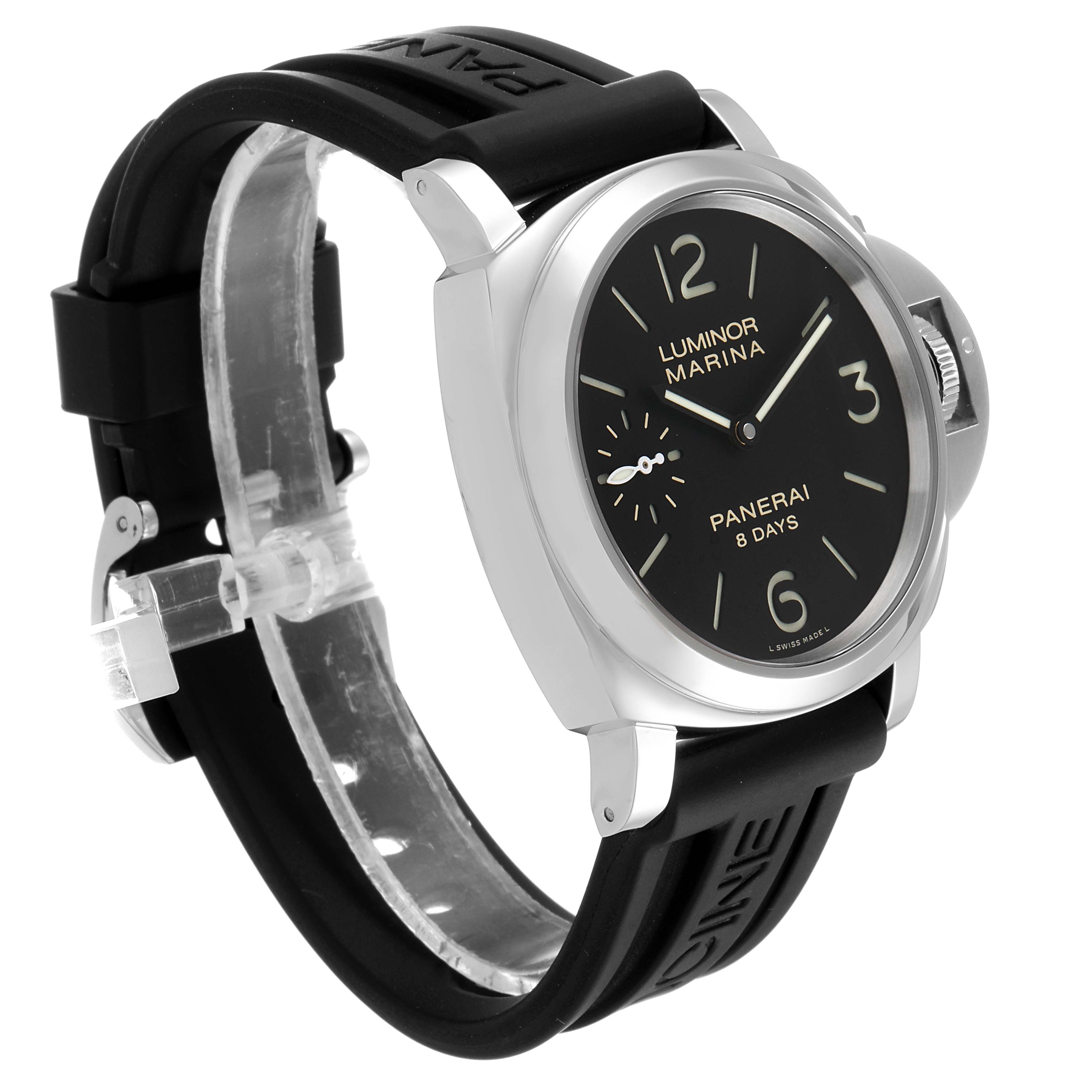 This image shows a side angle of the Panerai Luminor PAM00510 Men
s Stainless Steel Black Dial PAM00510 Men
s Stainless Steel Black Dial Marina watch, featuring its black dial, rubber strap, and distinctive crown guard.