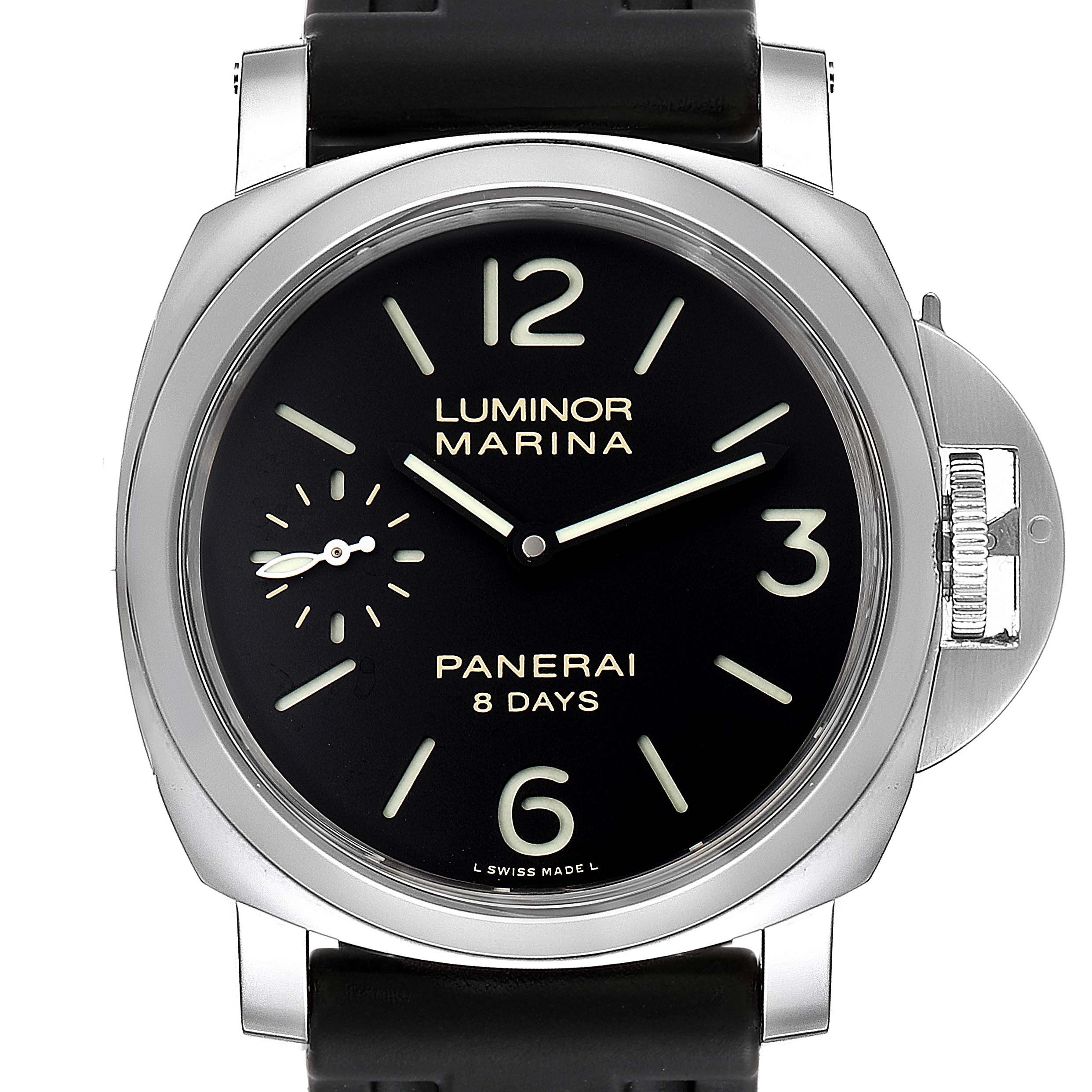 This Panerai Luminor PAM00510 Men
s Stainless Steel Black Dial PAM00510 Men
s Stainless Steel Black Dial watch is shown from a front angle, displaying its dial, hands, bezel, and crown protector.