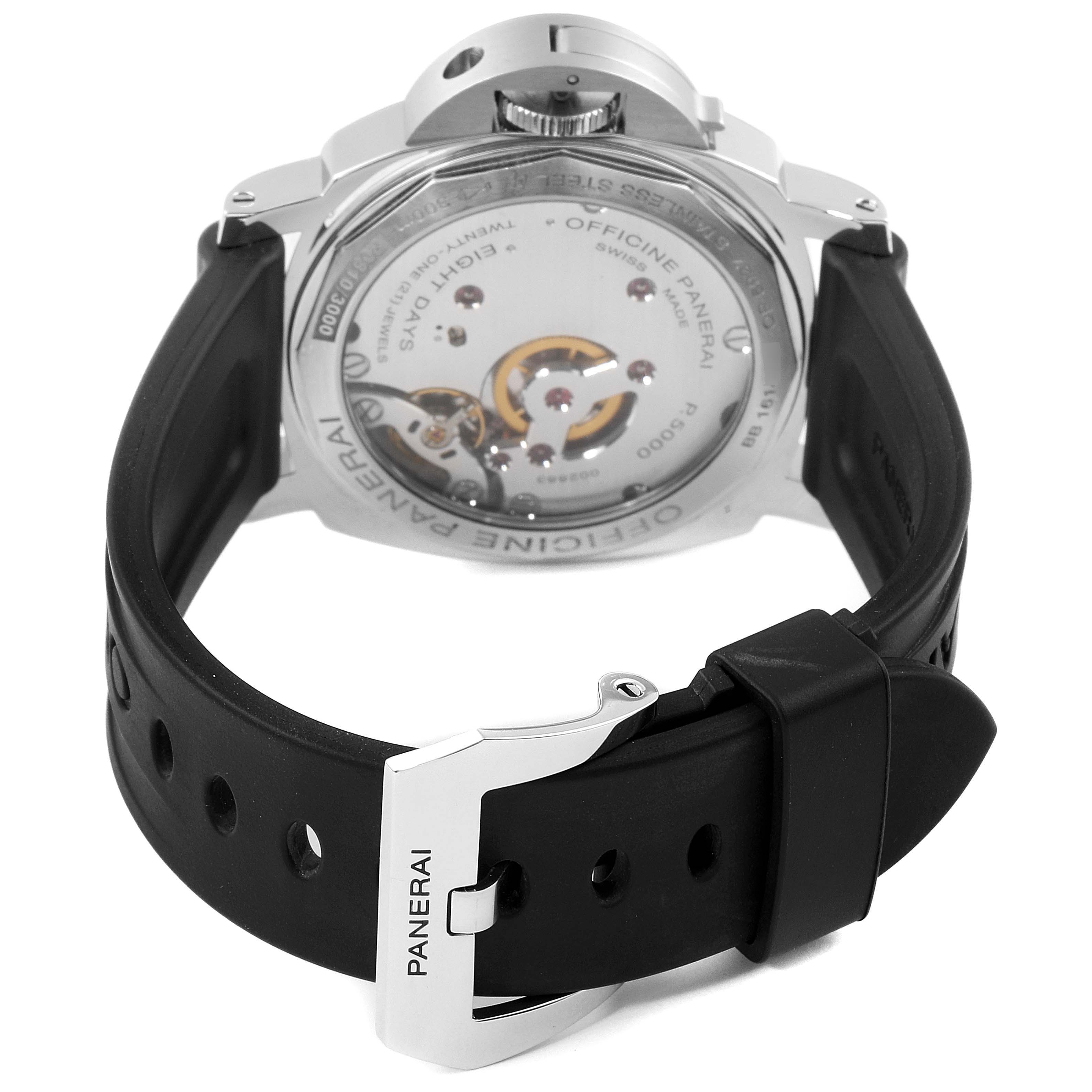 This image shows the back view of the Panerai Luminor PAM00510 Men
s Stainless Steel Black Dial PAM00510 Men
s Stainless Steel Black Dial watch, highlighting its movement and rubber strap with a branded buckle.