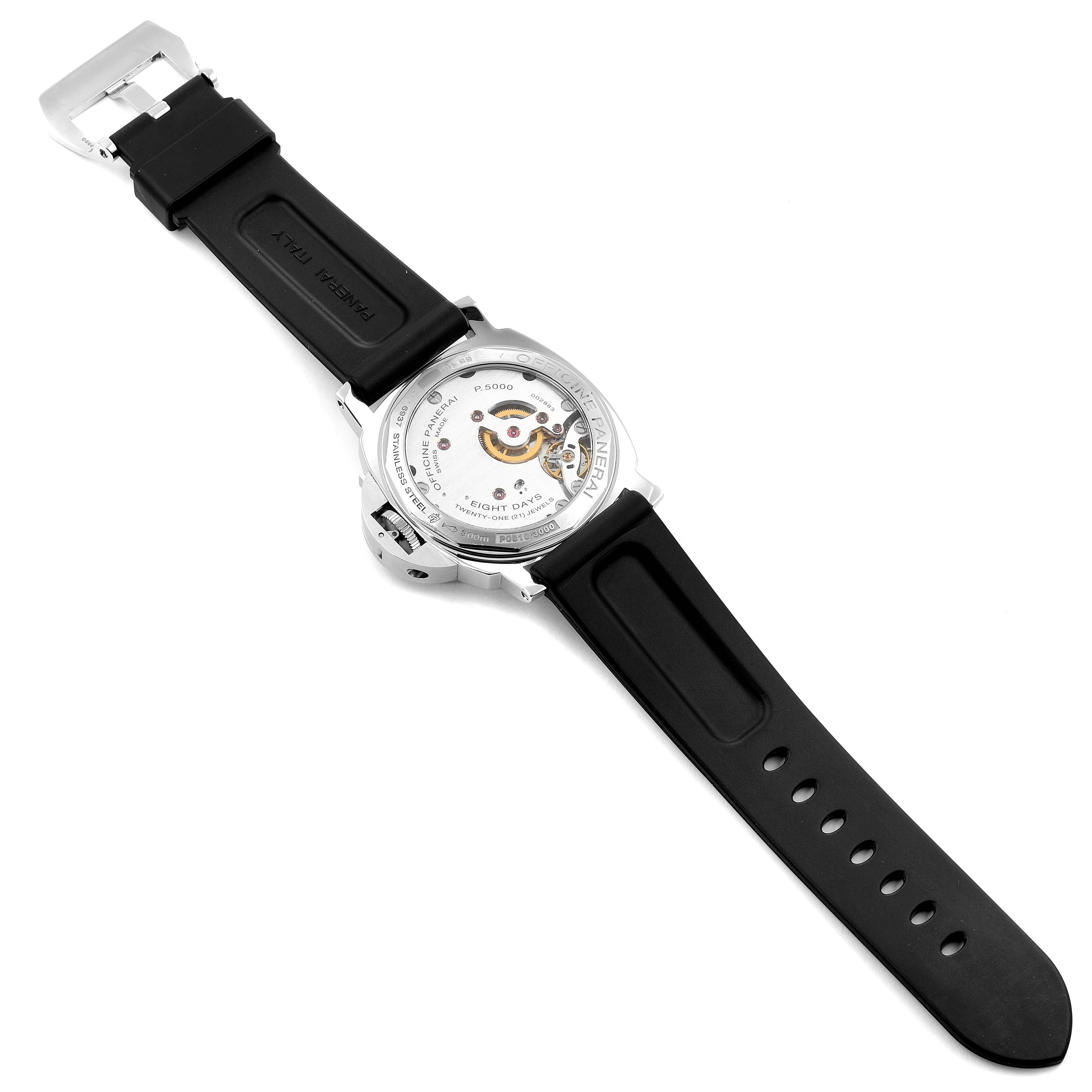 The image shows the back view of a Panerai Luminor PAM00510 Men
s Stainless Steel Black Dial PAM00510 Men
s Stainless Steel Black Dial watch with its black strap and visible movement.