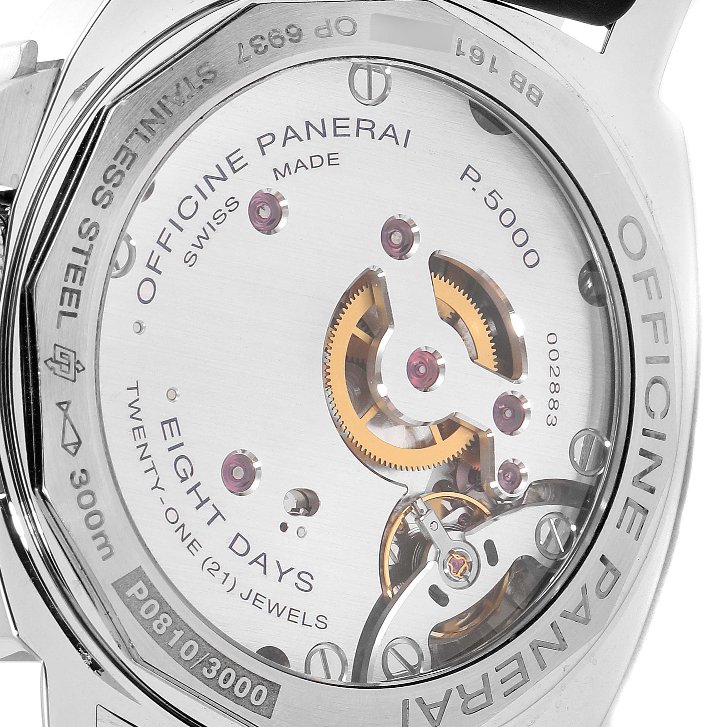 This image shows the back of the Panerai Luminor PAM00510 Men
s Stainless Steel Black Dial PAM00510 Men
s Stainless Steel Black Dial watch, highlighting its P.5000 mechanism and internal components.