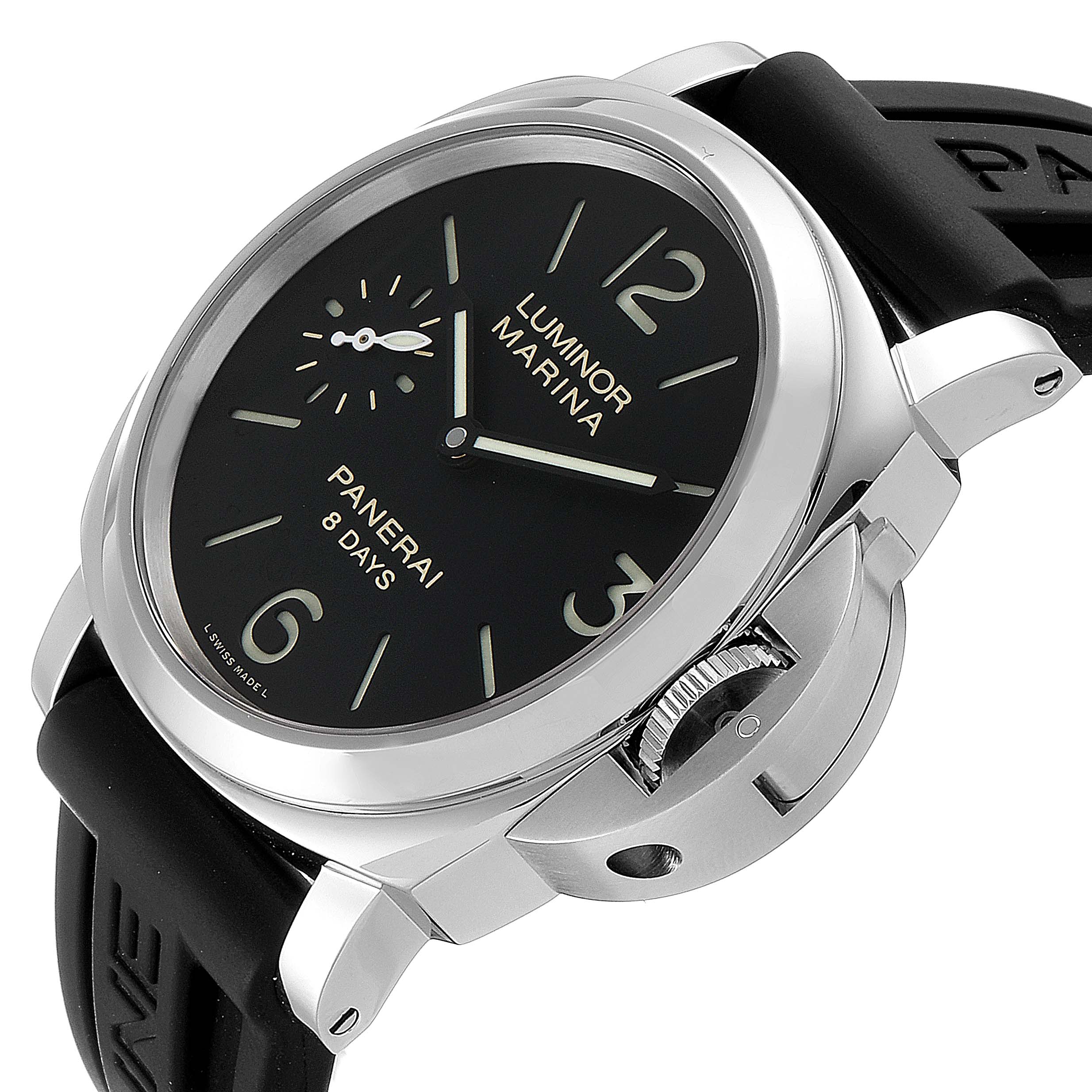 This angle shows the Panerai Luminor PAM00510 Men
s Stainless Steel Black Dial PAM00510 Men
s Stainless Steel Black Dial Marina
s dial, bezel, crown guard, and black strap.