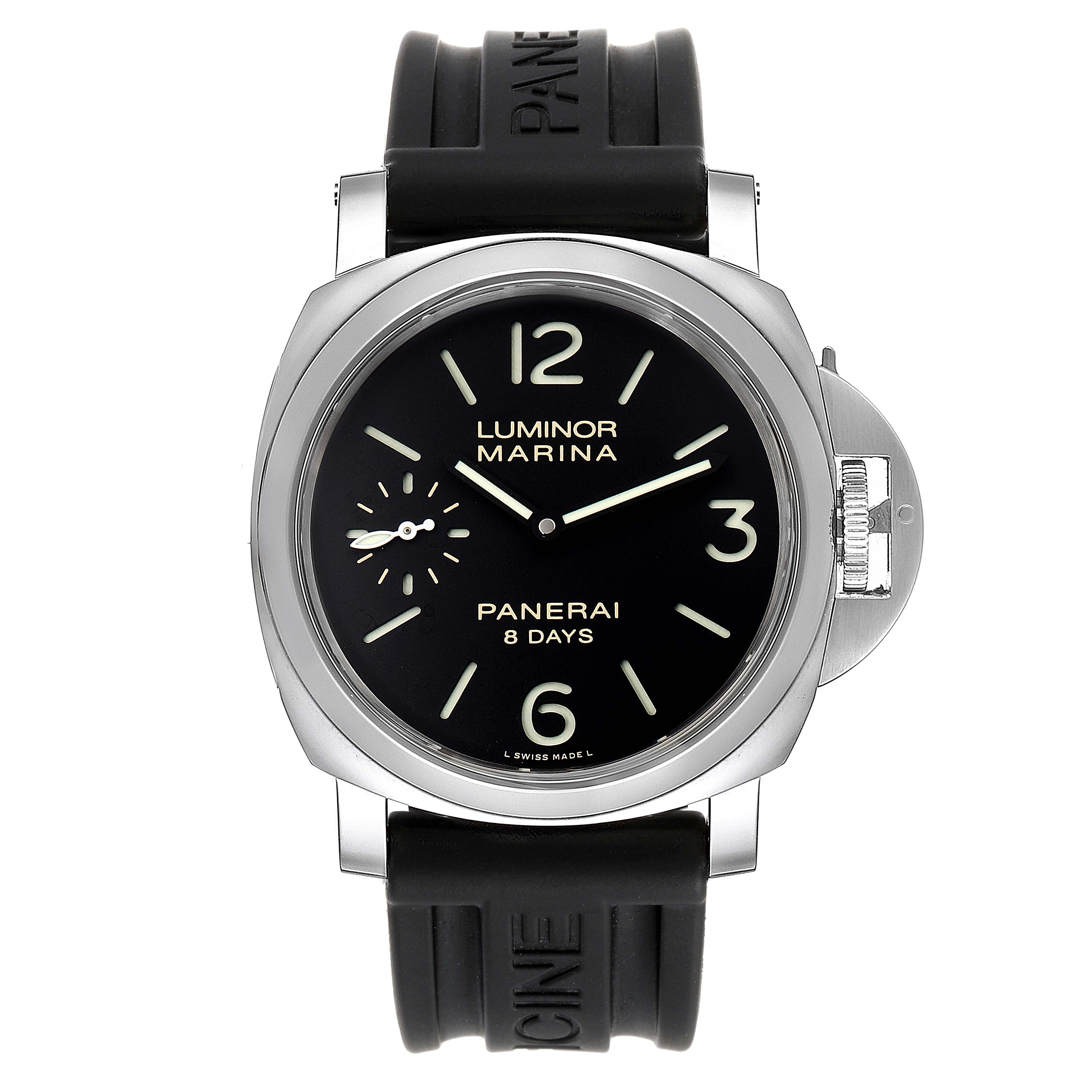 This is a front view of the Luminor Marina 8 Days watch by Panerai, showing the dial, case, and strap.