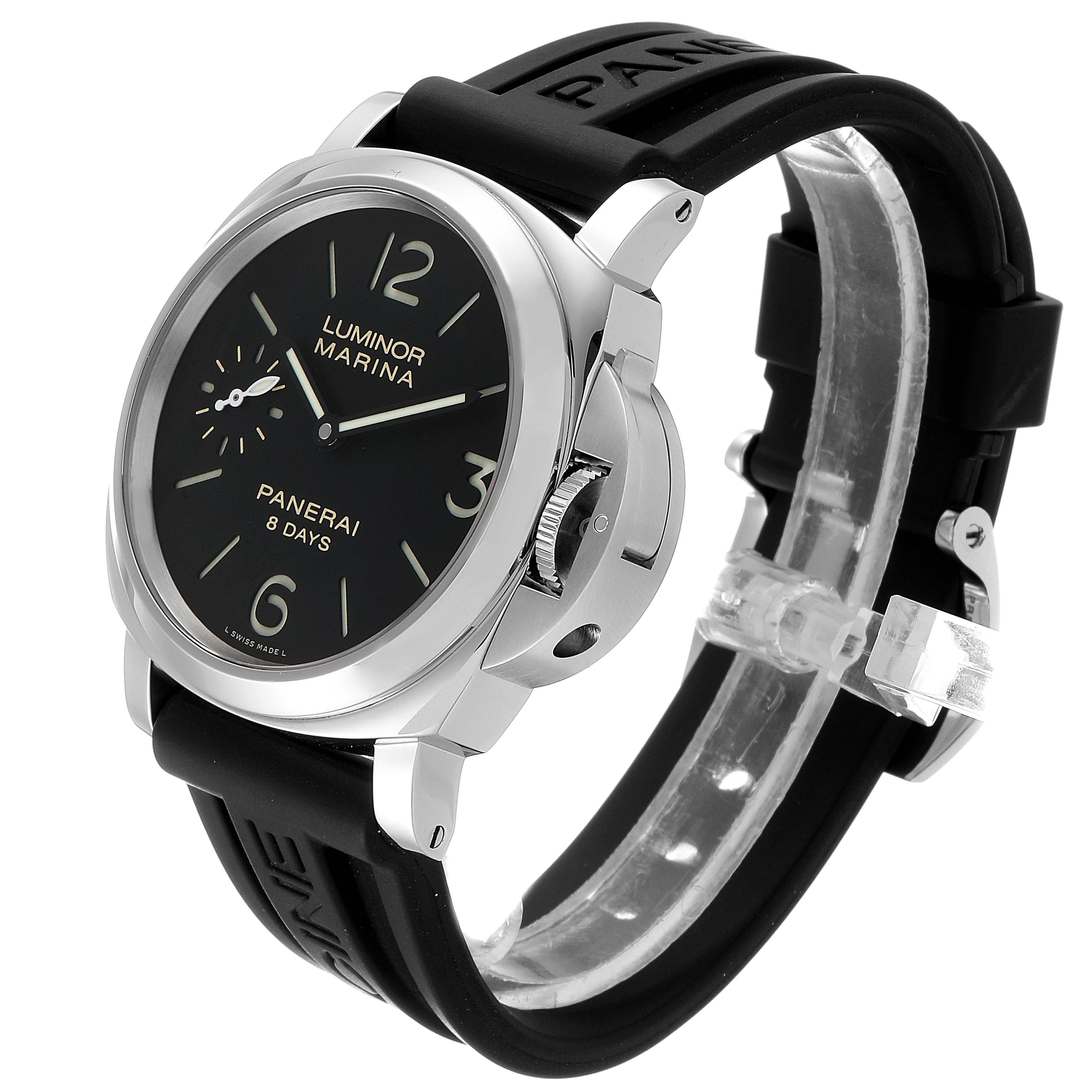 The image shows a Panerai Luminor PAM00510 Men
s Stainless Steel Black Dial PAM00510 Men
s Stainless Steel Black Dial model watch at a 3/4 angle, highlighting the dial, crown guard, and rubber strap.