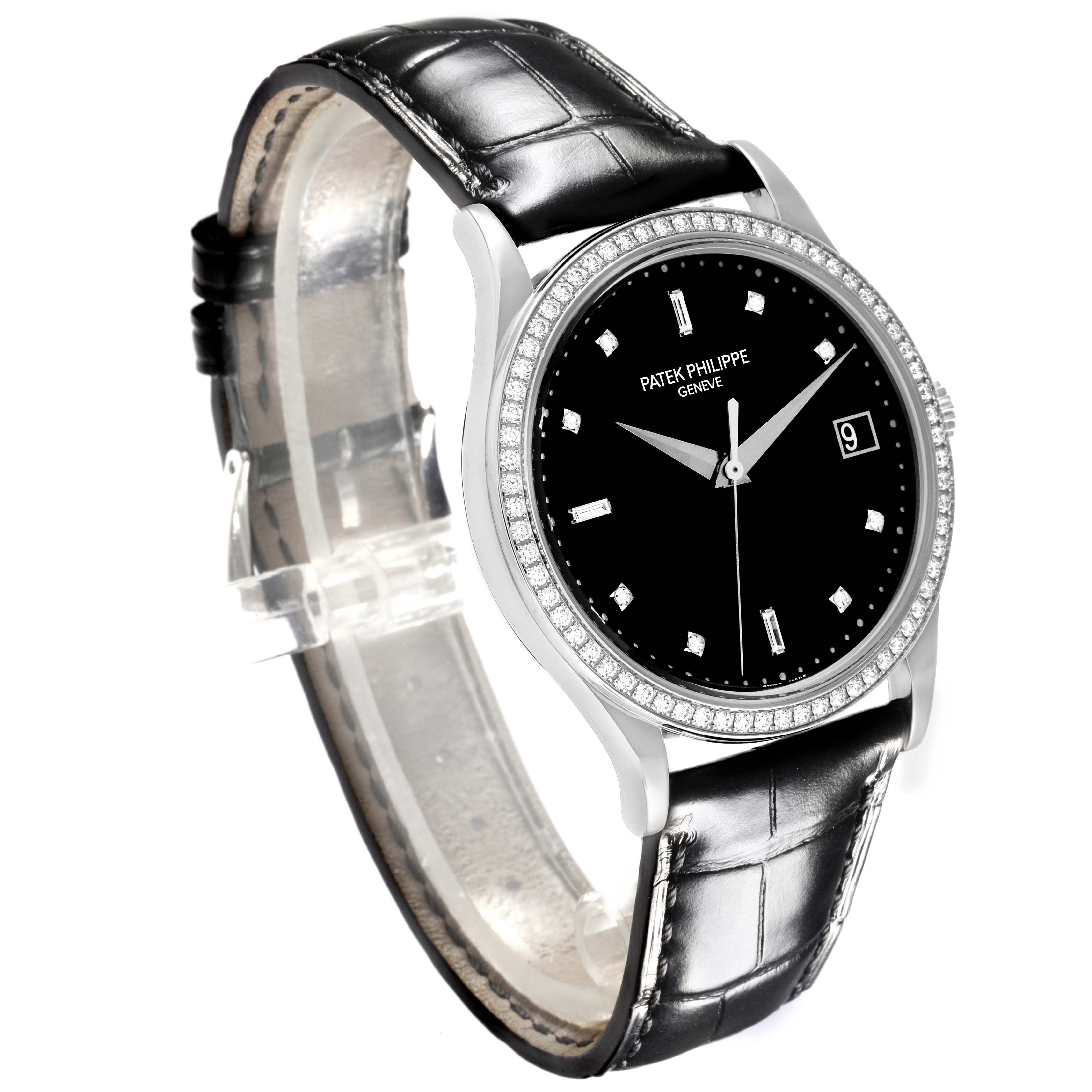 This image shows a Calatrava by Patek Philippe at a three-quarter angle, showcasing the dial, bezel, and leather strap.