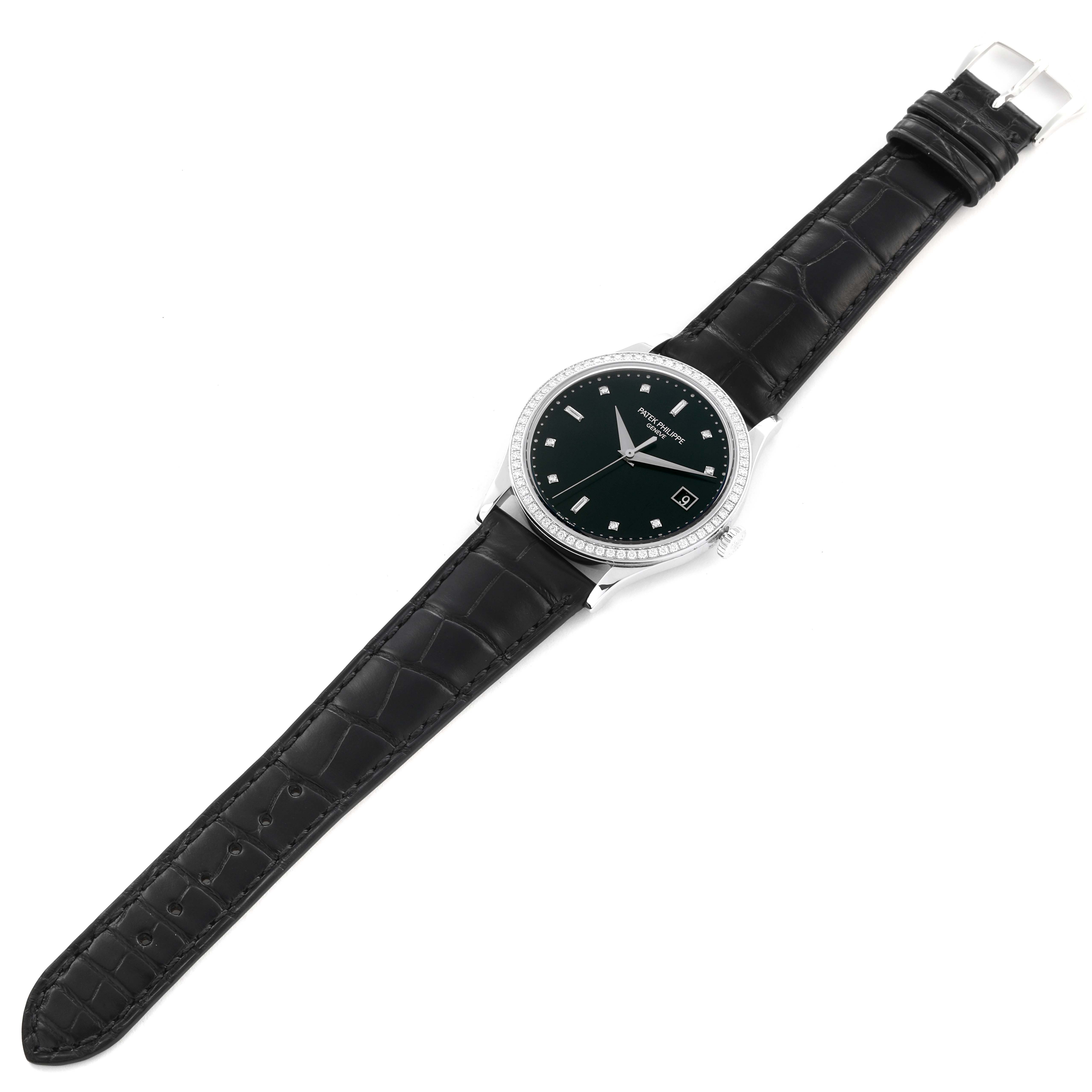 The Patek Philippe Calatrava 5297G-001 Men's White Gold Black Dial 5297G-001 Men's White Gold Black Dial watch is shown from an overhead angle, displaying the full face, bezel, and leather strap.