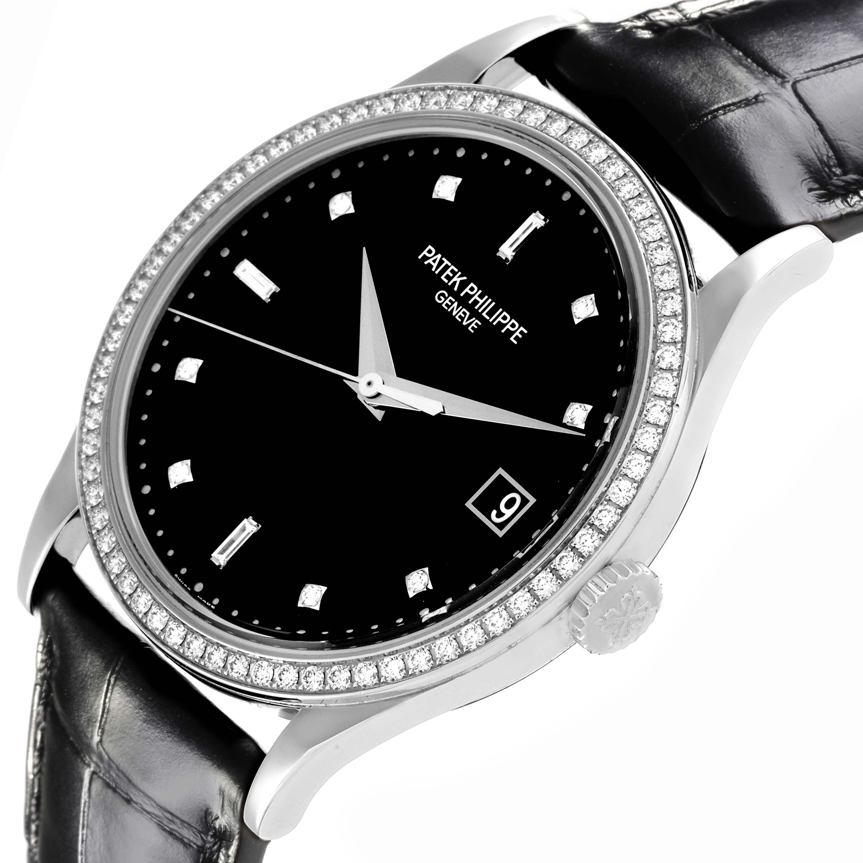 The Patek Philippe Calatrava 5297G-001 Men's White Gold Black Dial 5297G-001 Men's White Gold Black Dial watch is shown at an angle, highlighting the bezel, dial, crown, and part of the leather strap.