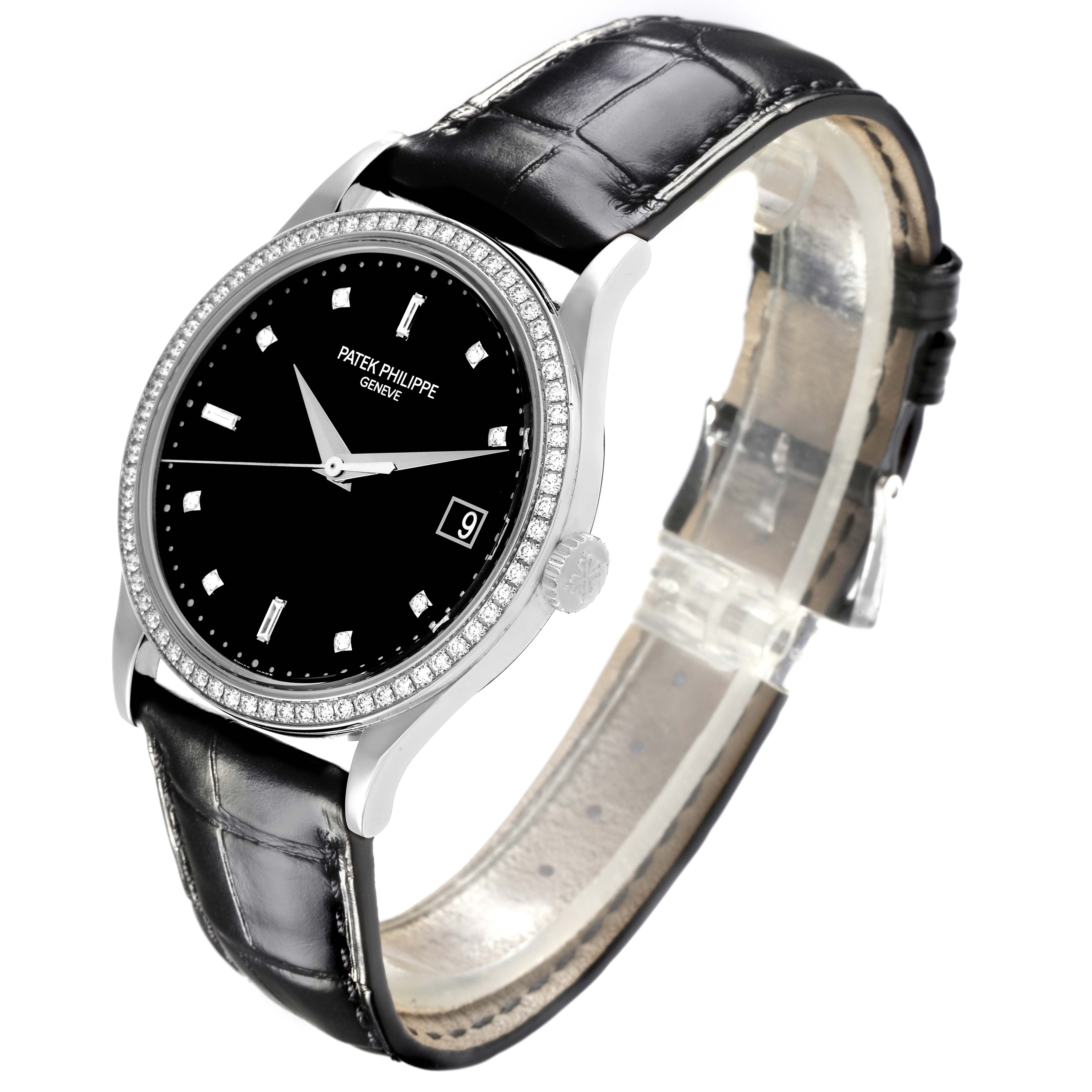 The Patek Philippe Calatrava 5297G-001 Men's White Gold Black Dial 5297G-001 Men's White Gold Black Dial watch is shown from a three-quarter angle, displaying its bezel, dial, and leather strap.