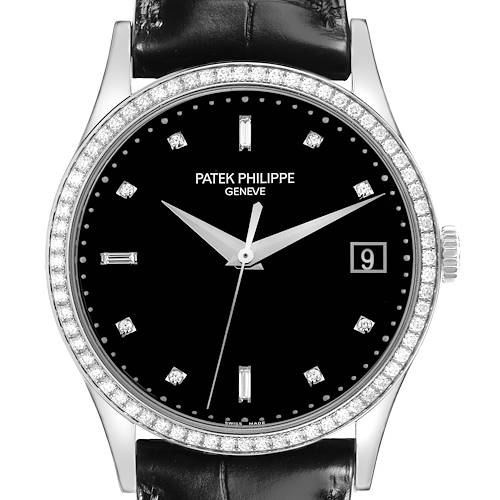 The image shows a frontal view of a Patek Philippe Calatrava watch, highlighting the face, bezel, crown, and part of the strap.