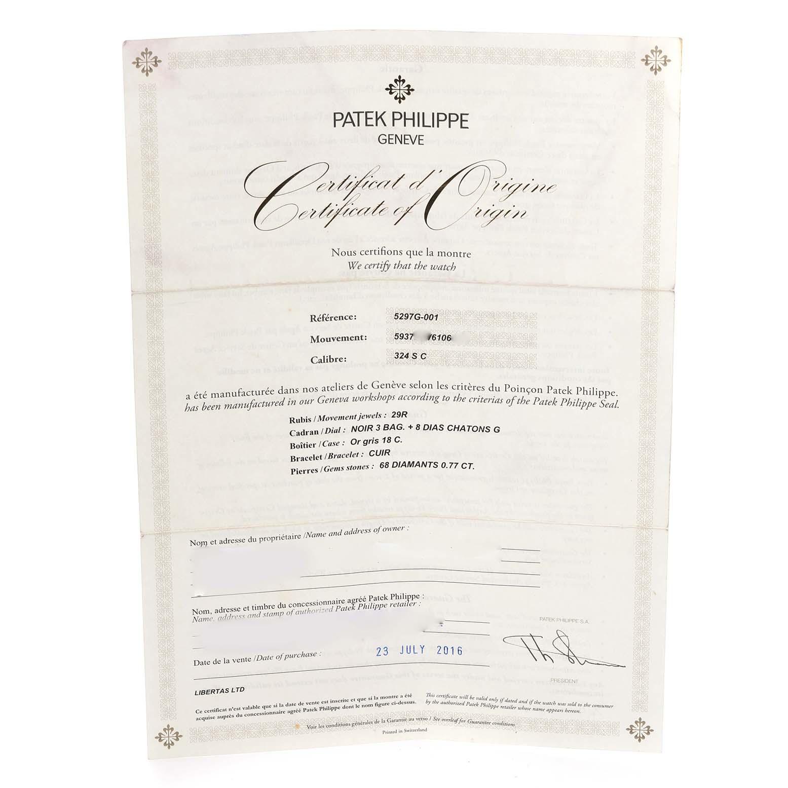 The image shows the Certificate of Origin for a Patek Philippe Calatrava 5297G-001 Men's White Gold Black Dial 5297G-001 Men's White Gold Black Dial watch, displaying details like reference and purchase date.