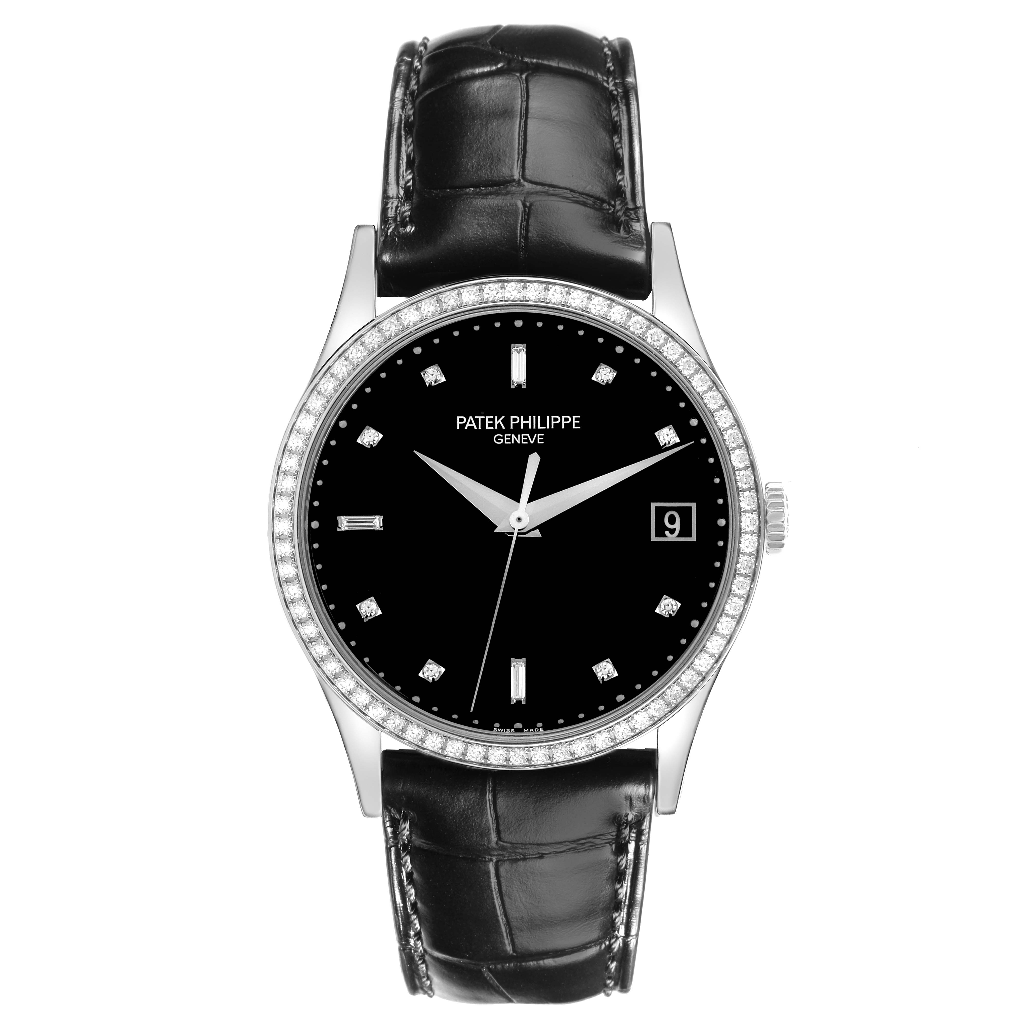 The Patek Philippe Calatrava 5297G-001 Men's White Gold Black Dial 5297G-001 Men's White Gold Black Dial watch is shown from a front angle, displaying its face, bezel, and leather strap.