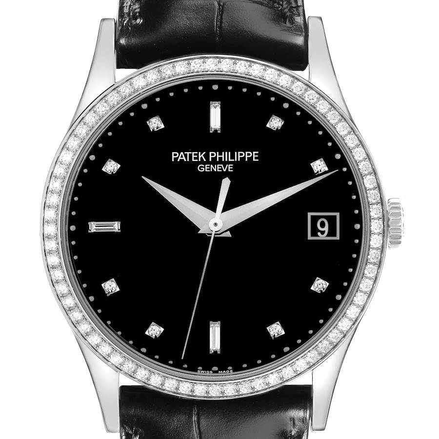 This image shows a front view of the Patek Philippe Calatrava watch, highlighting the dial, bezel, and part of the strap.