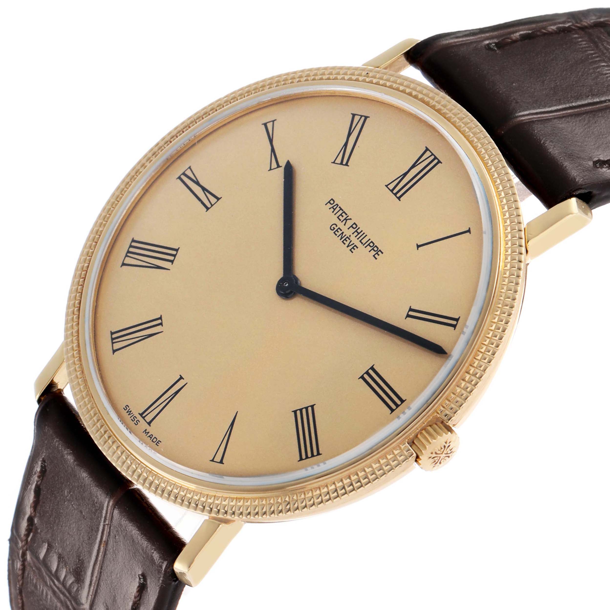 The Patek Philippe Vintage 3588J Men's Yellow Gold Champagne Dial watch is shown at an angle displaying the dial, Roman numerals, crown, and brown leather strap.